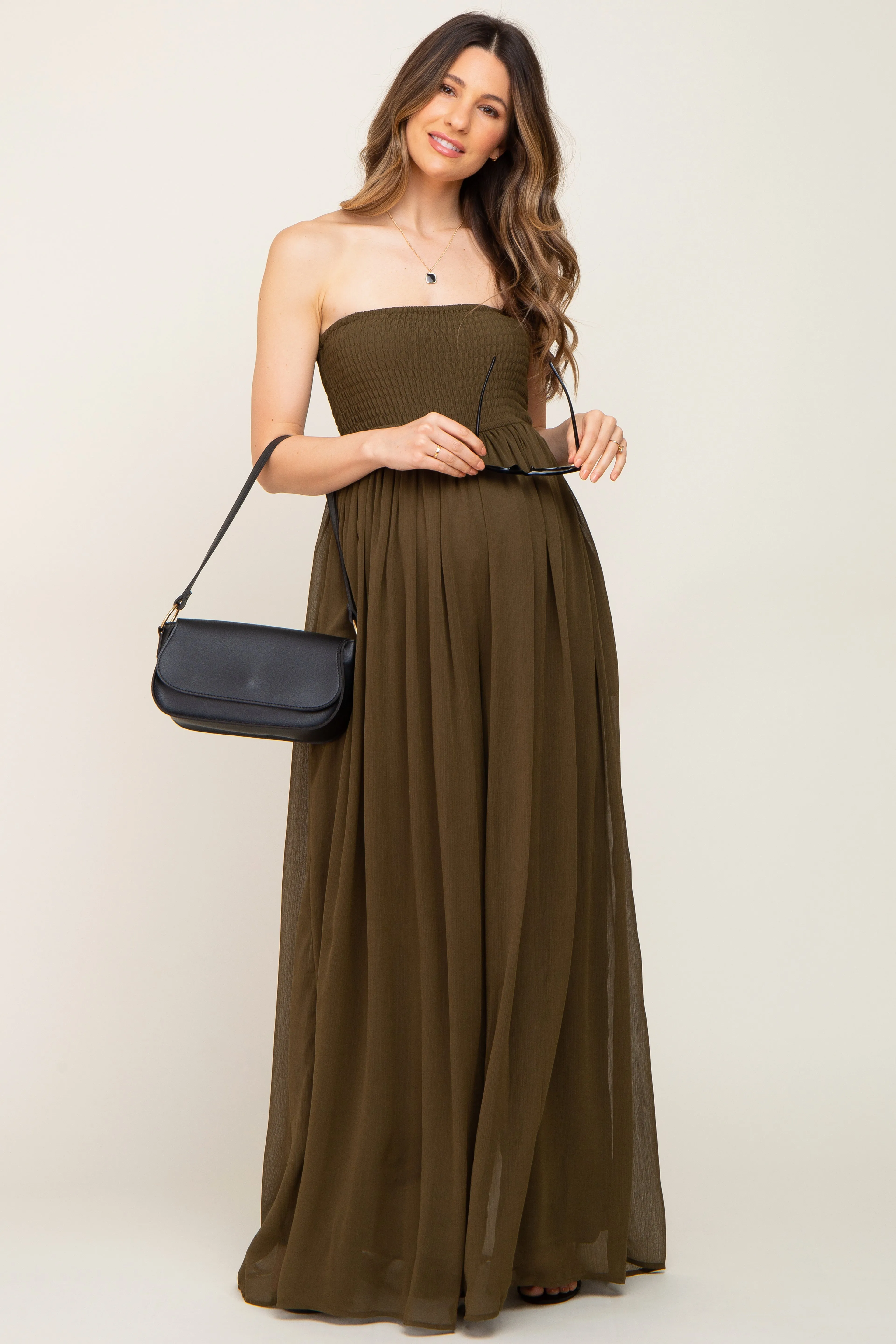 Olive Smocked Strapless Wide Leg Maternity Jumpsuit sold by Pinkblush product image thumbnail 5