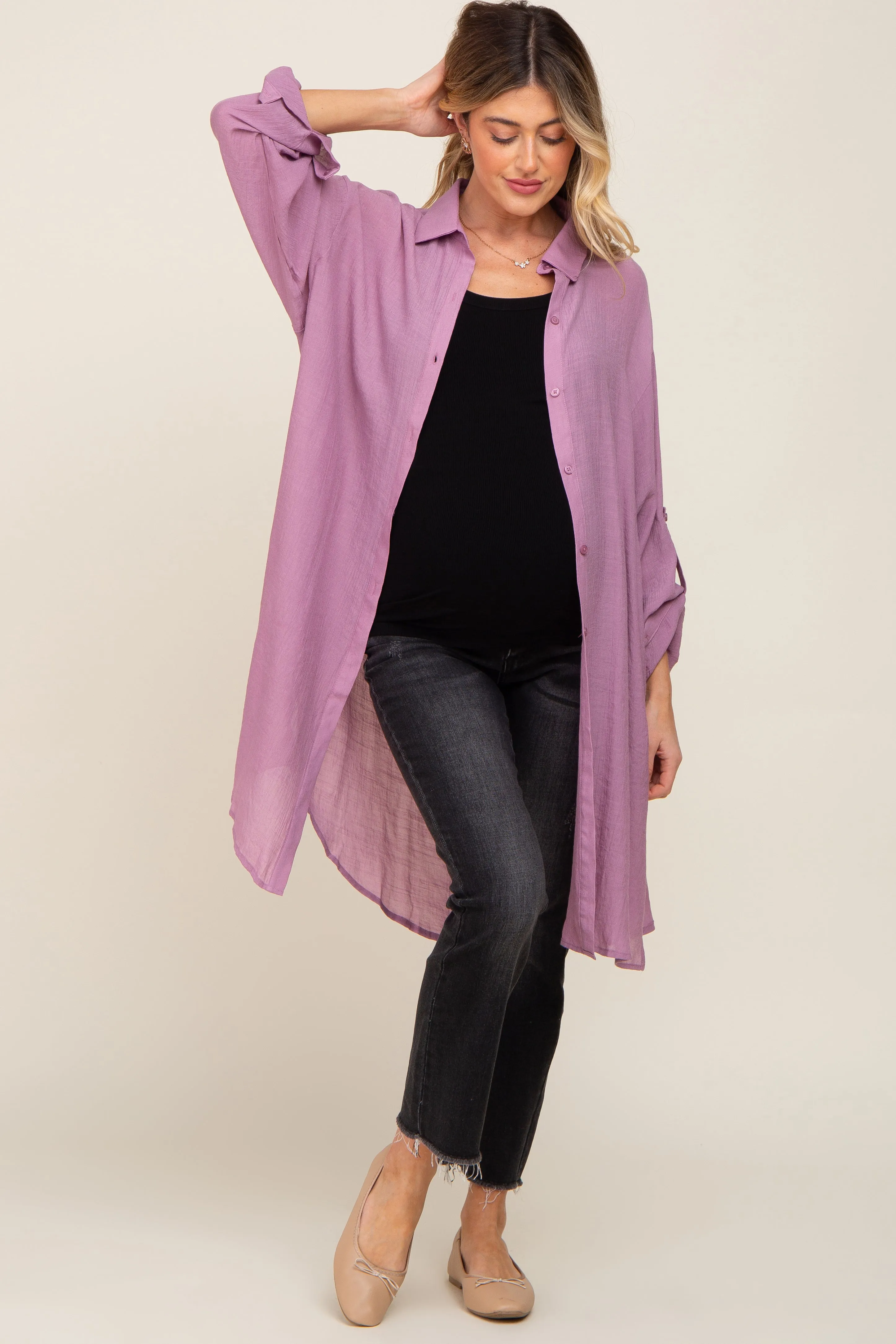 Lilac Button Front Side Slit Oversized Maternity Blouse sold by Pinkblush product image thumbnail 4