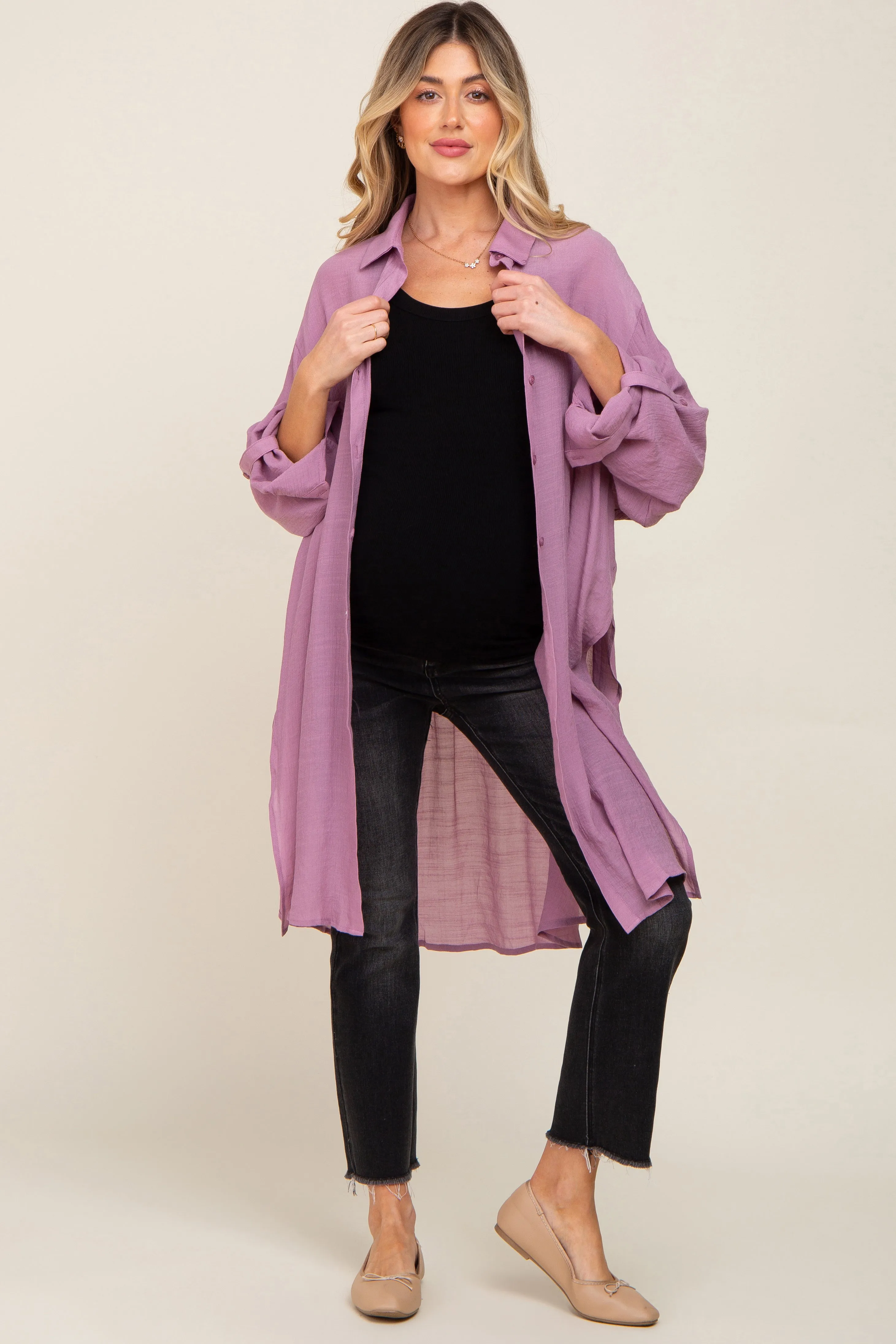 Lilac Button Front Side Slit Oversized Maternity Blouse sold by Pinkblush