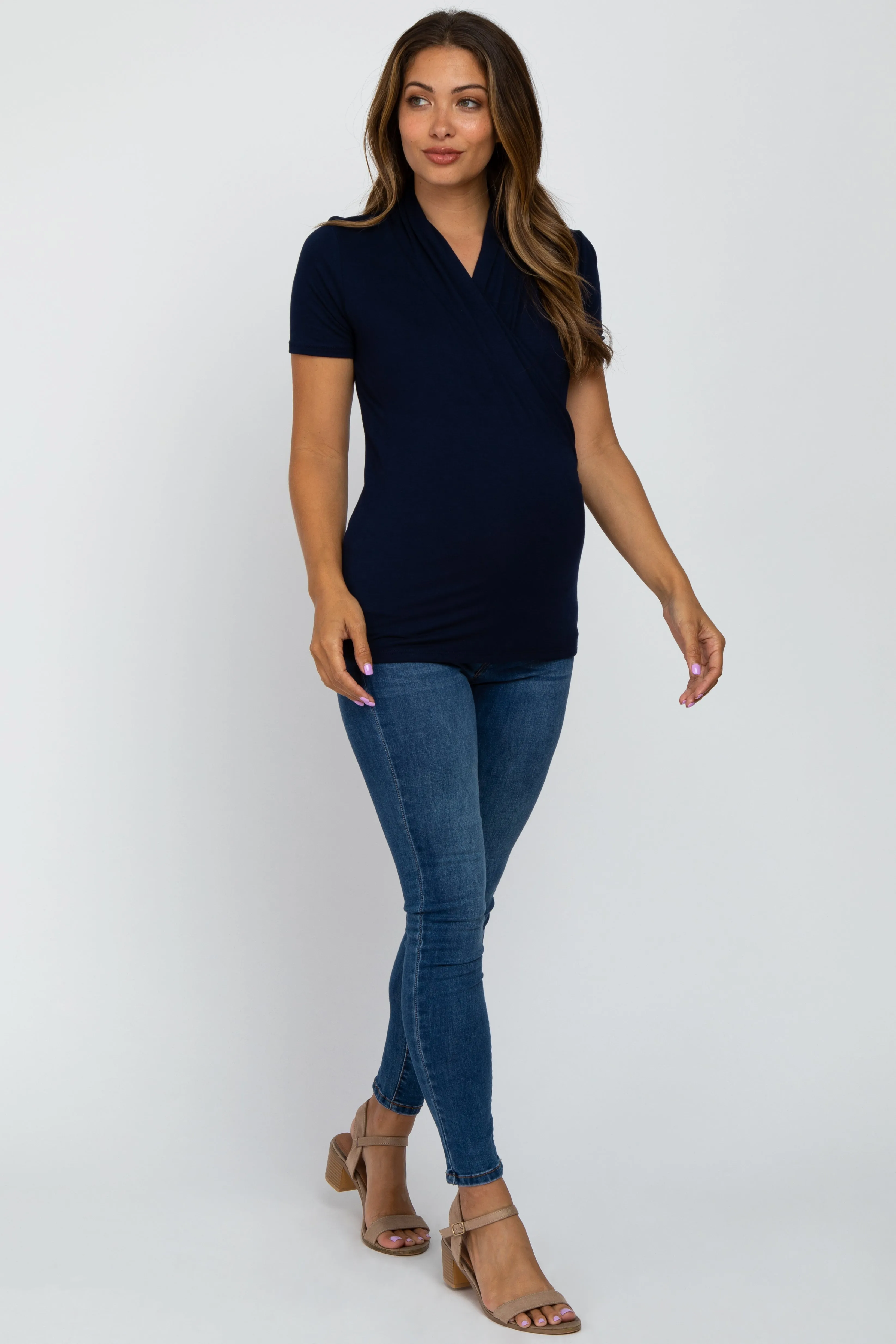 Navy Blue Solid Short Sleeve Wrap Front Maternity/Nursing Top sold by Pinkblush product image thumbnail 4