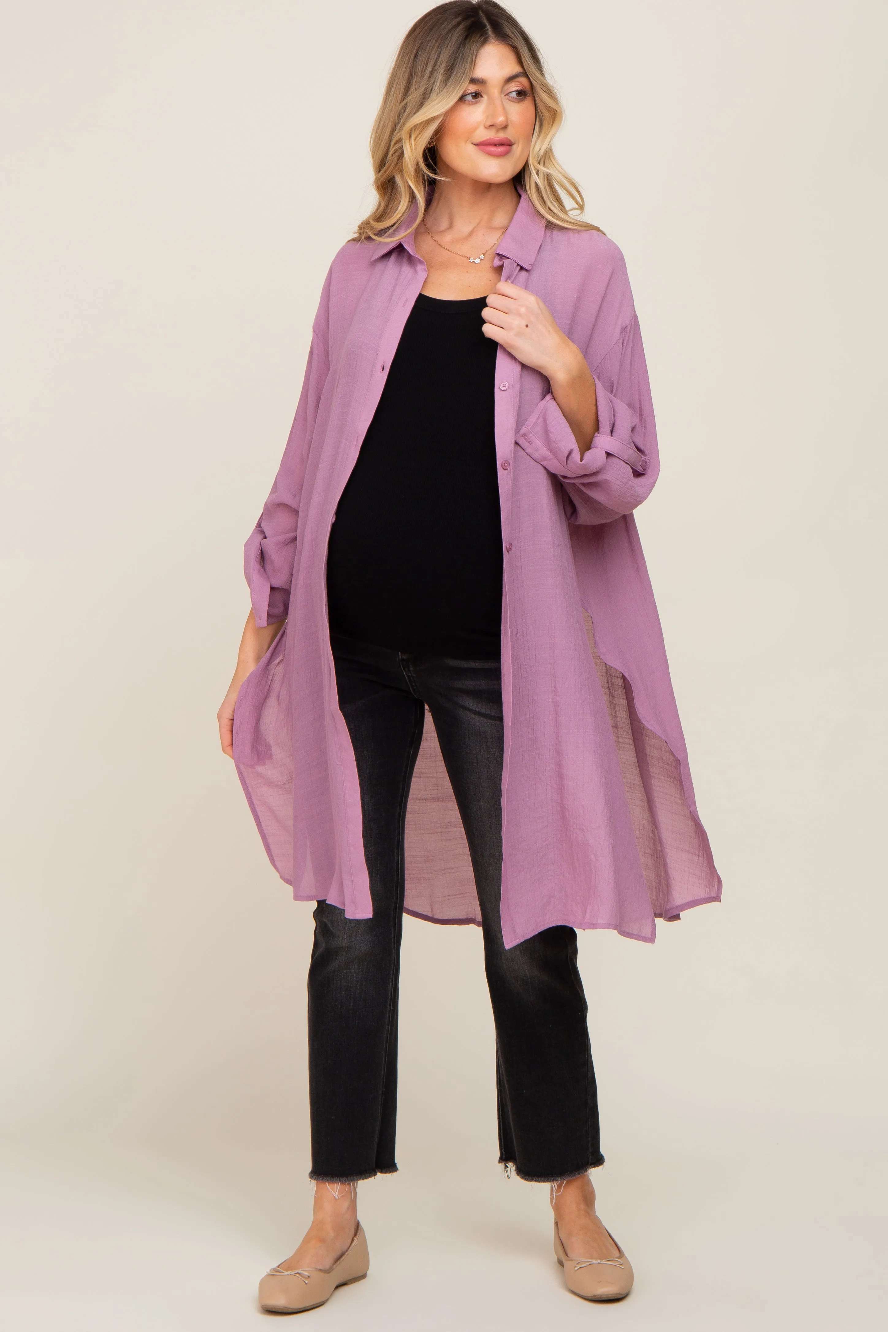 Lilac Button Front Side Slit Oversized Maternity Blouse sold by Pinkblush product image thumbnail 5