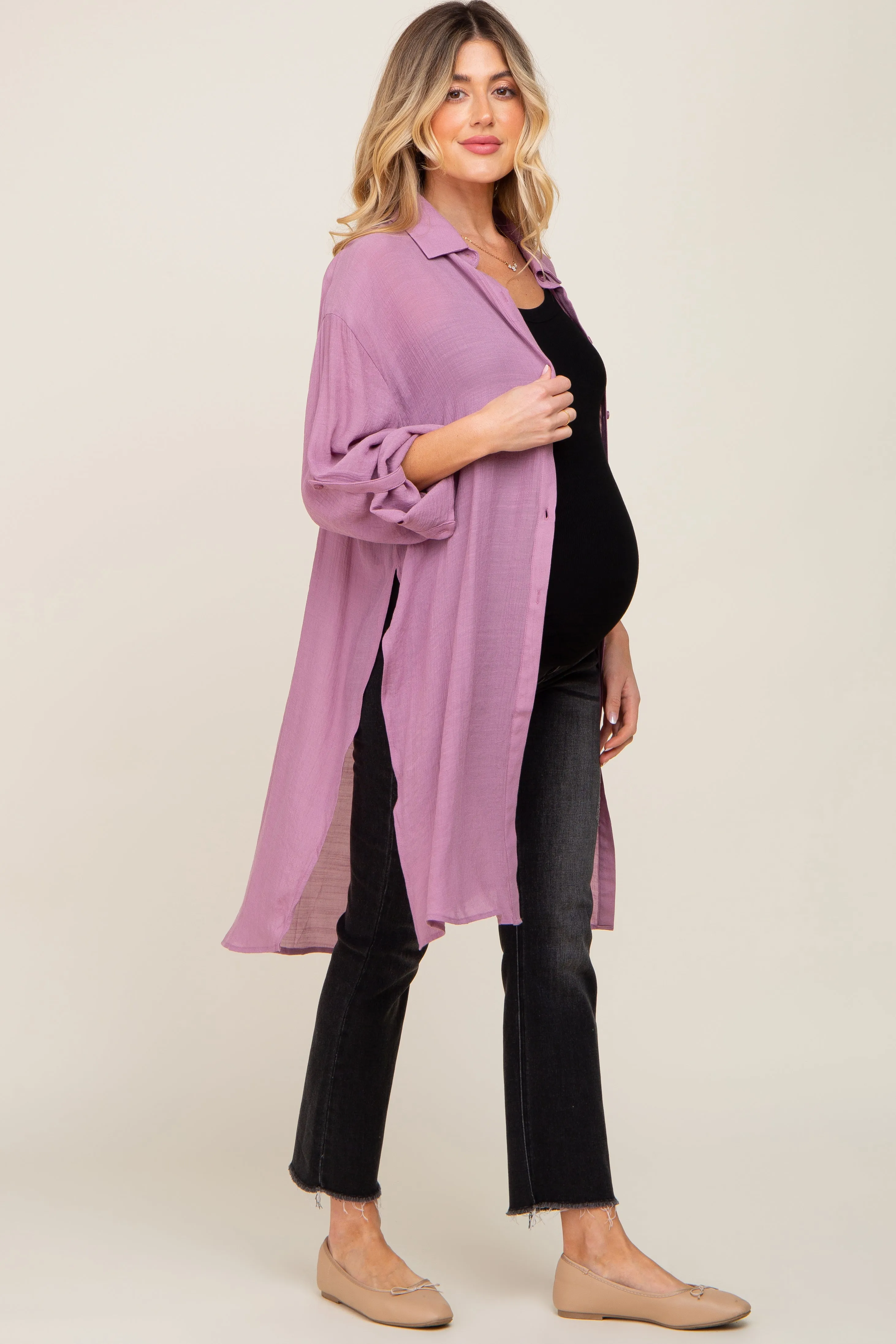 Lilac Button Front Side Slit Oversized Maternity Blouse sold by Pinkblush product image thumbnail 2