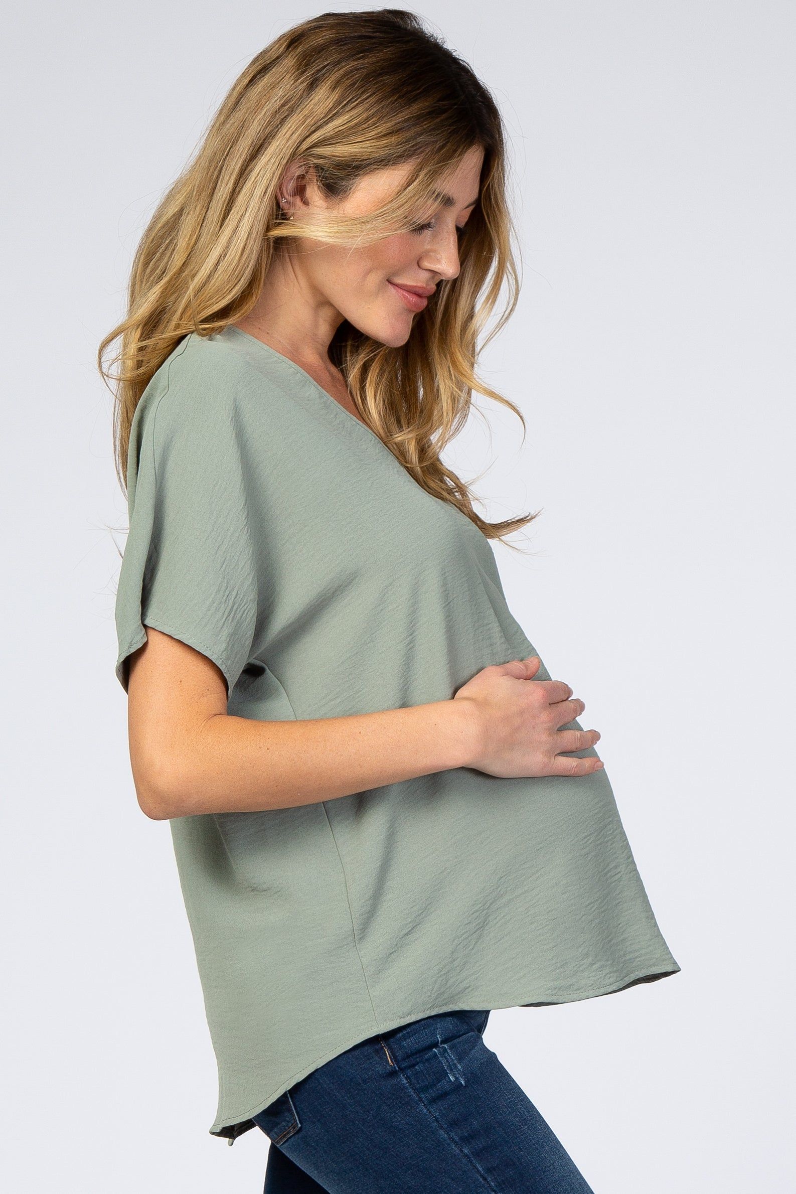 Light Olive Short Sleeve Maternity Blouse sold by Pinkblush product image thumbnail 2