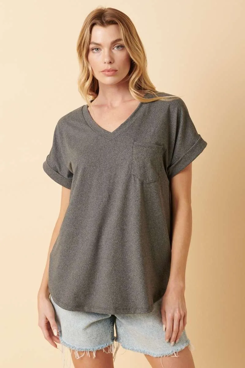 Charcoal V-Neck Pocket Short Sleeve Shirt sold by Pinkblush