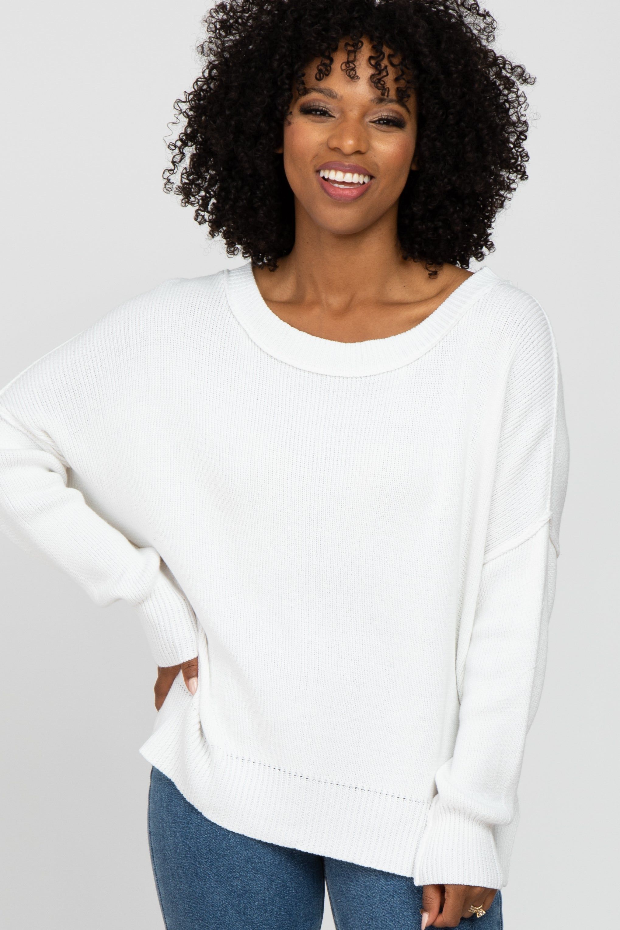 White Exposed Seam Side Slit Sweater sold by Pinkblush