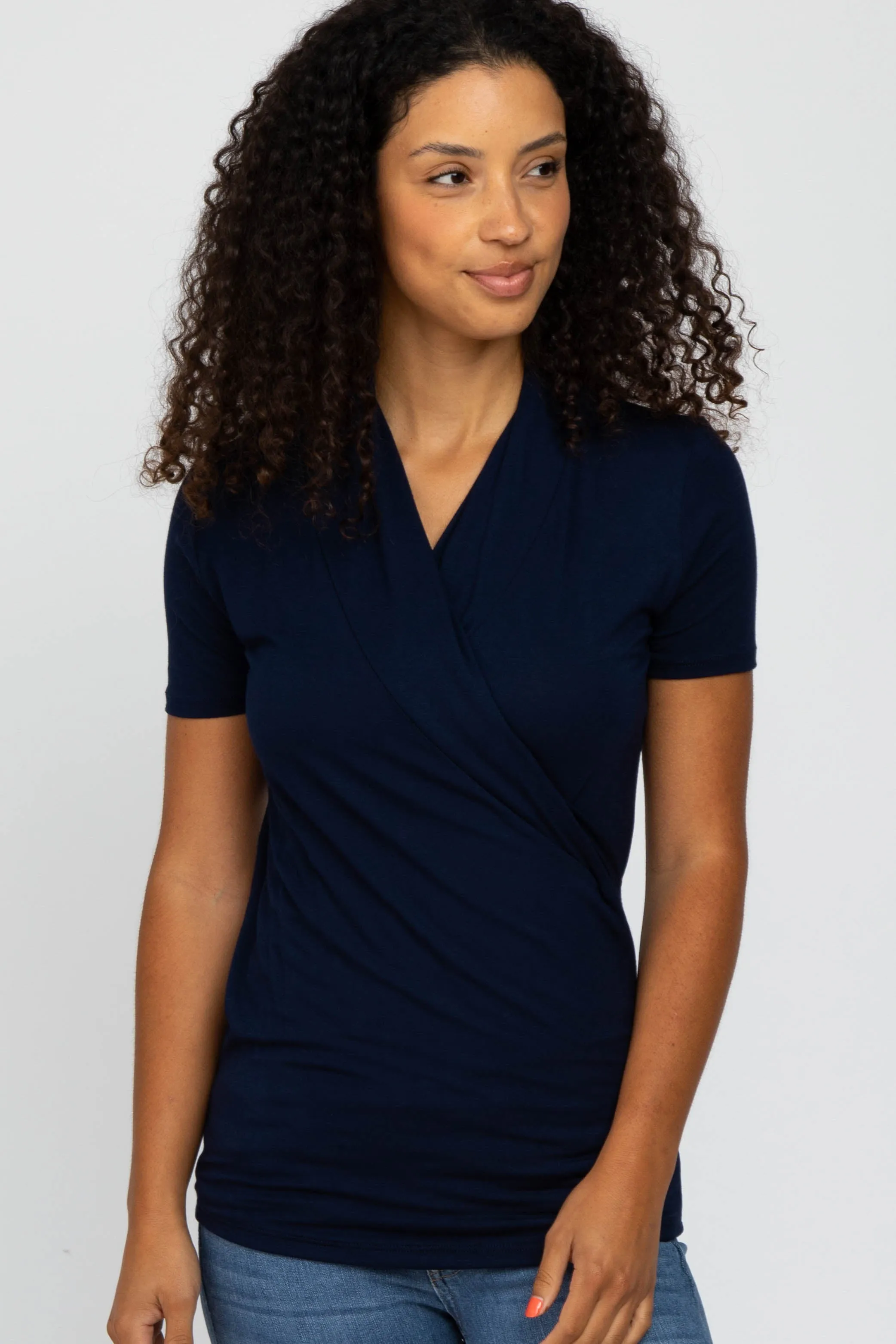 Navy Blue Solid Short Sleeve Wrap Front Maternity/Nursing Top sold by Pinkblush product image thumbnail 5