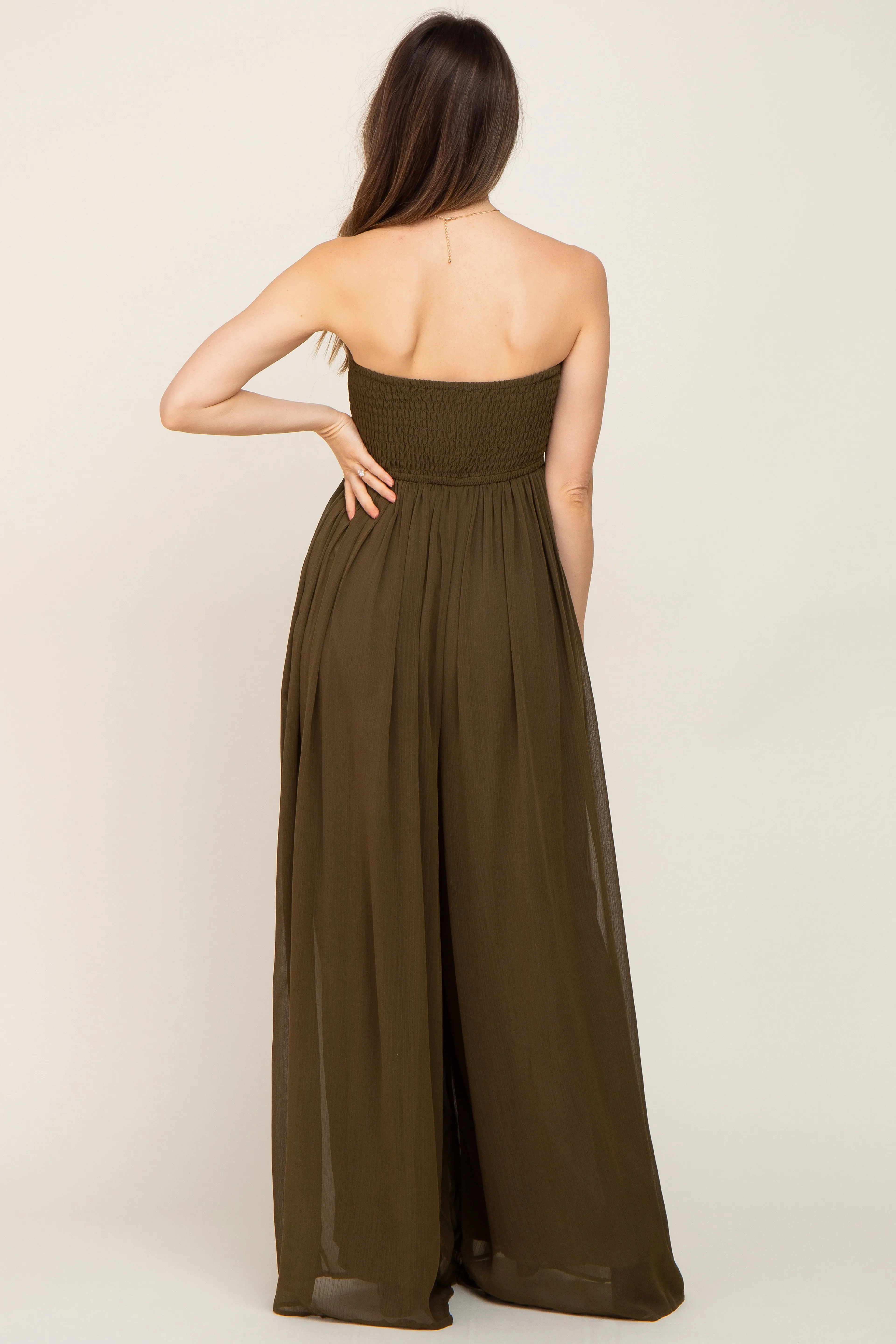 Olive Smocked Strapless Wide Leg Maternity Jumpsuit sold by Pinkblush product image thumbnail 4