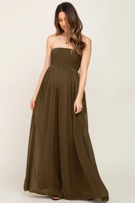 Olive Smocked Strapless Wide Leg Maternity Jumpsuit sold by Pinkblush