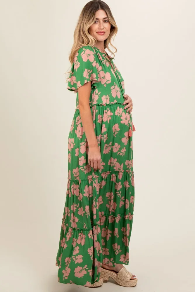 Green Floral Ruffle Neck Tiered Maternity Maxi Dress sold by Pinkblush product image thumbnail 3
