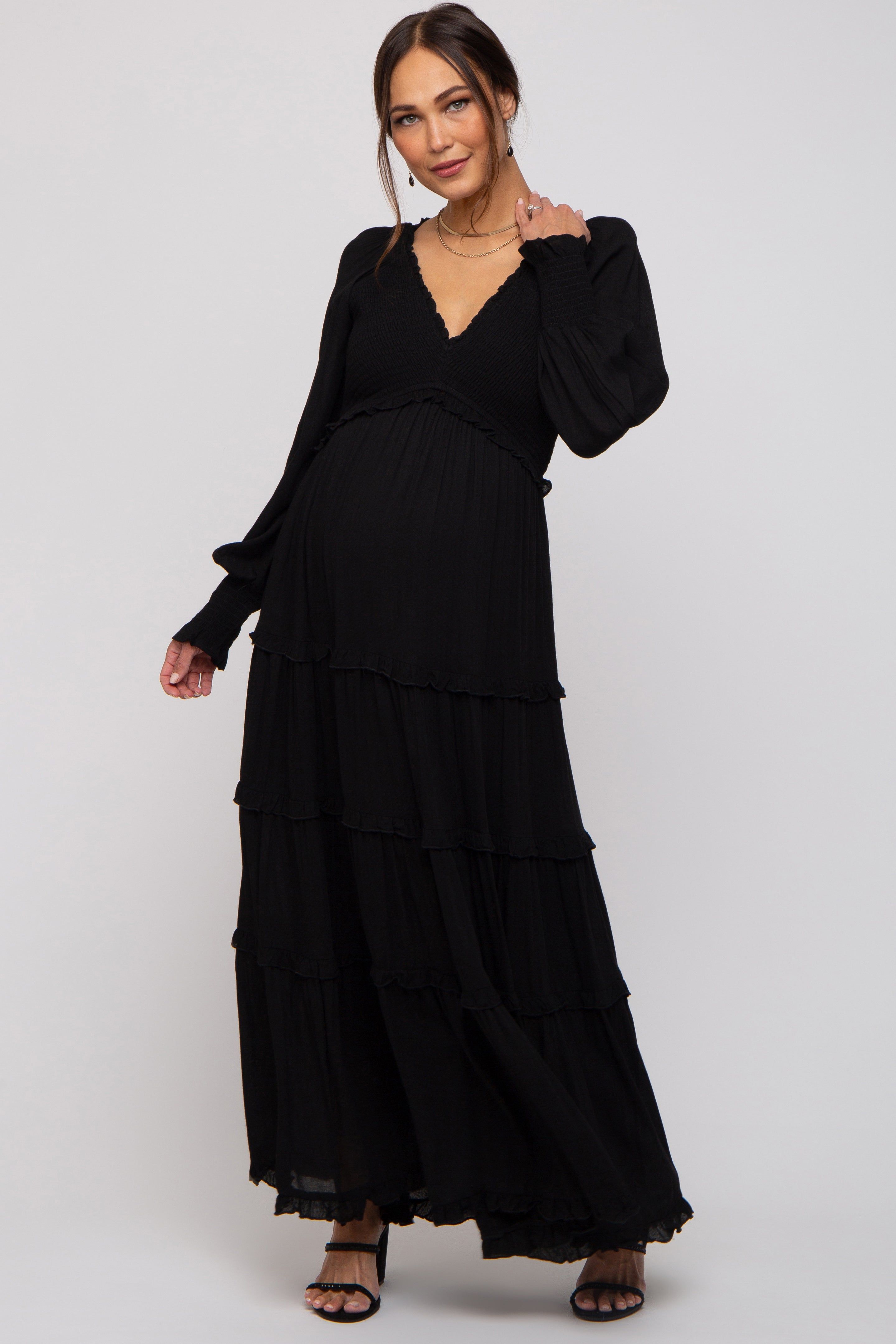 Black Smocked Ruffle Tiered Maternity Maxi Dress sold by Pinkblush product image thumbnail 5