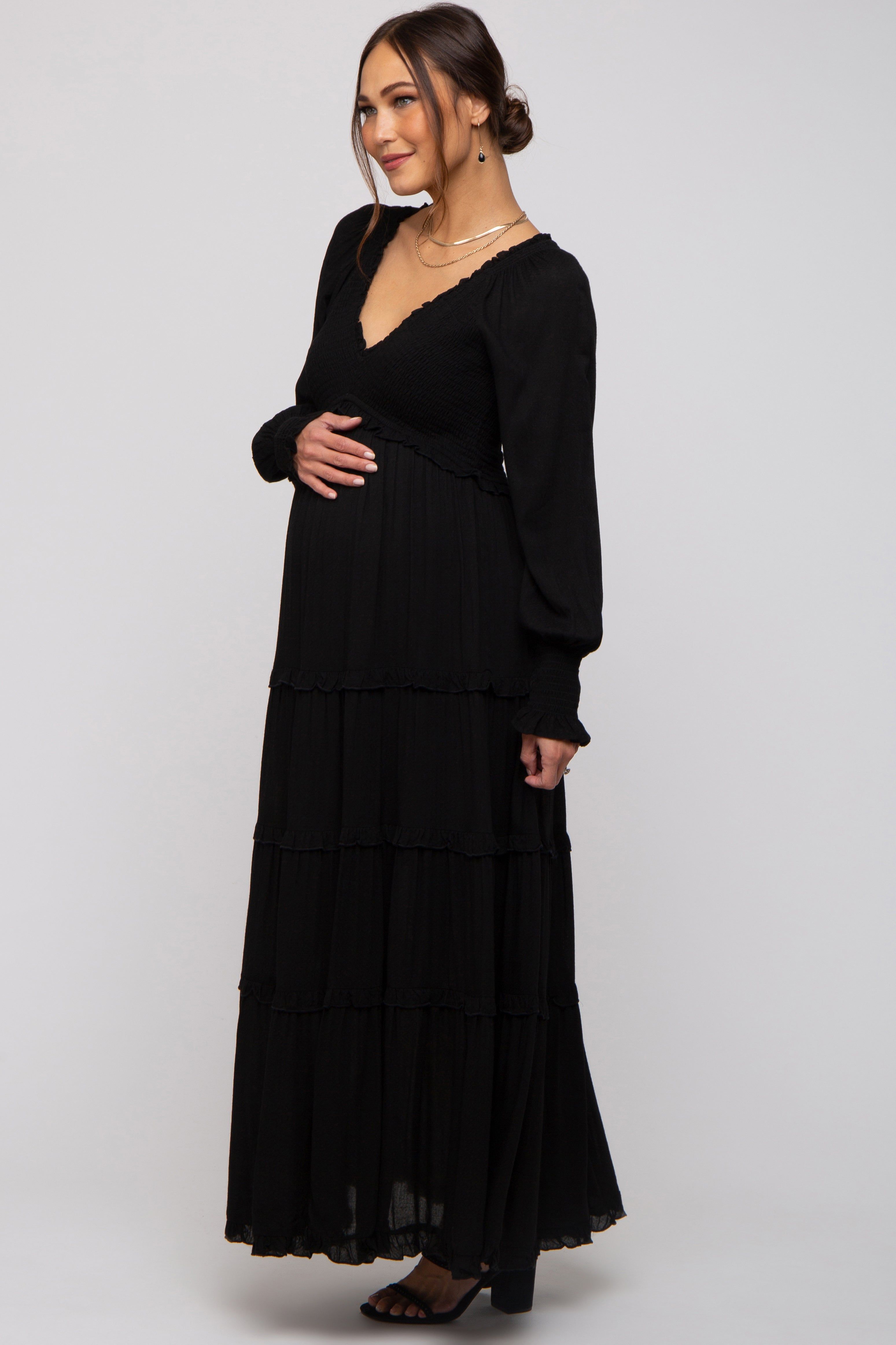 Black Smocked Ruffle Tiered Maternity Maxi Dress sold by Pinkblush product image thumbnail 2