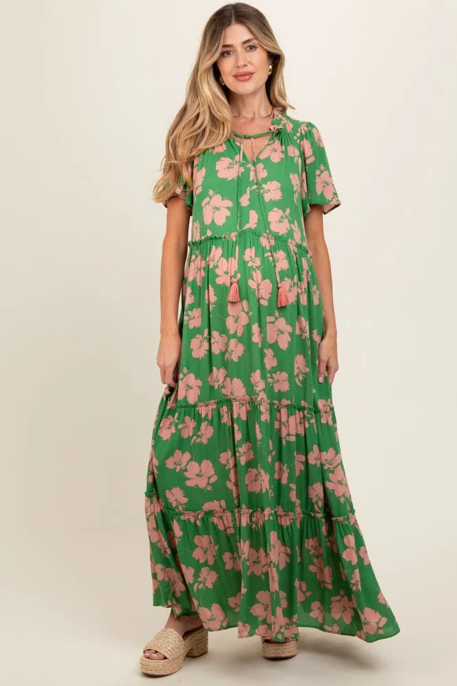 Green Floral Ruffle Neck Tiered Maternity Maxi Dress sold by Pinkblush