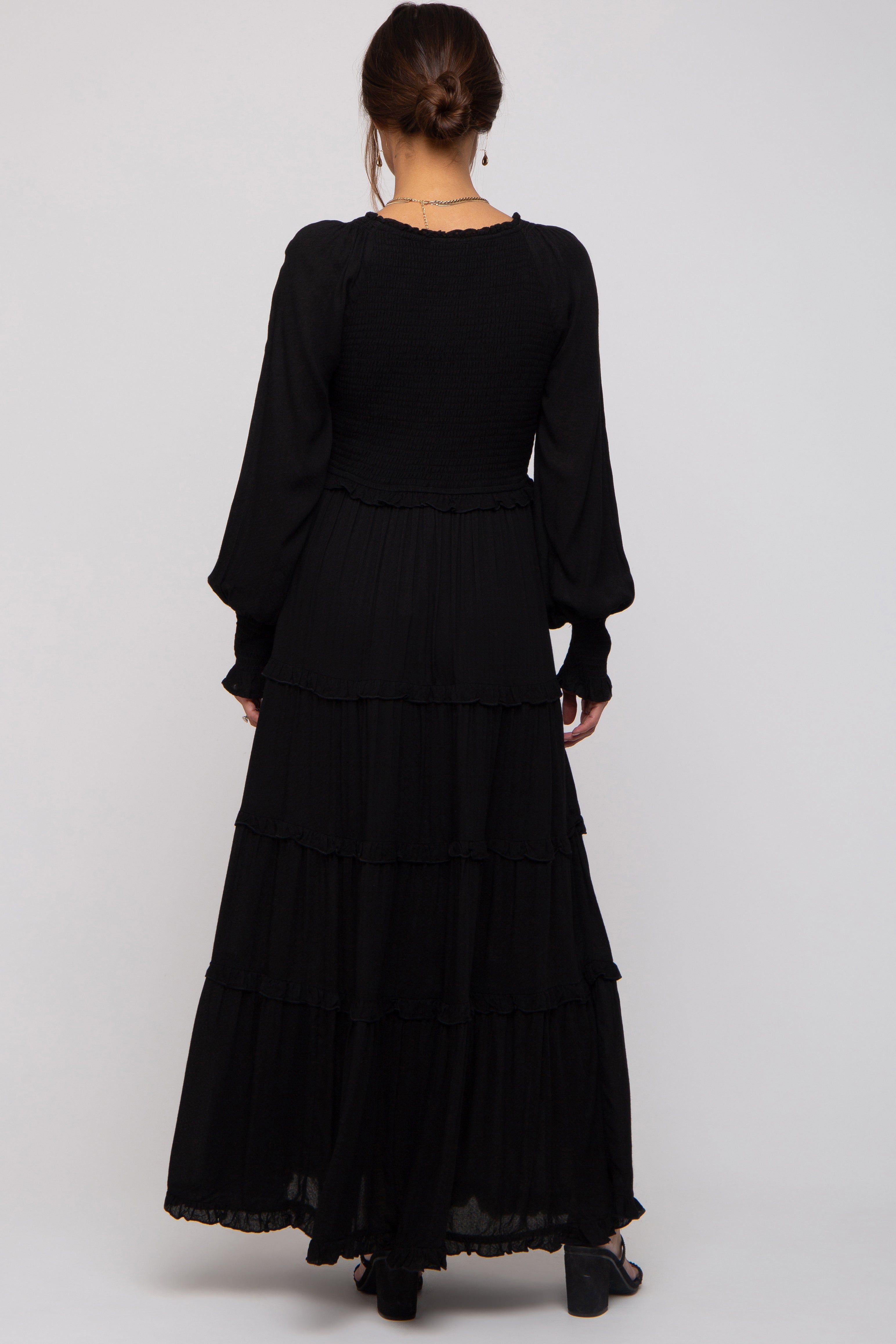 Black Smocked Ruffle Tiered Maternity Maxi Dress sold by Pinkblush product image thumbnail 3
