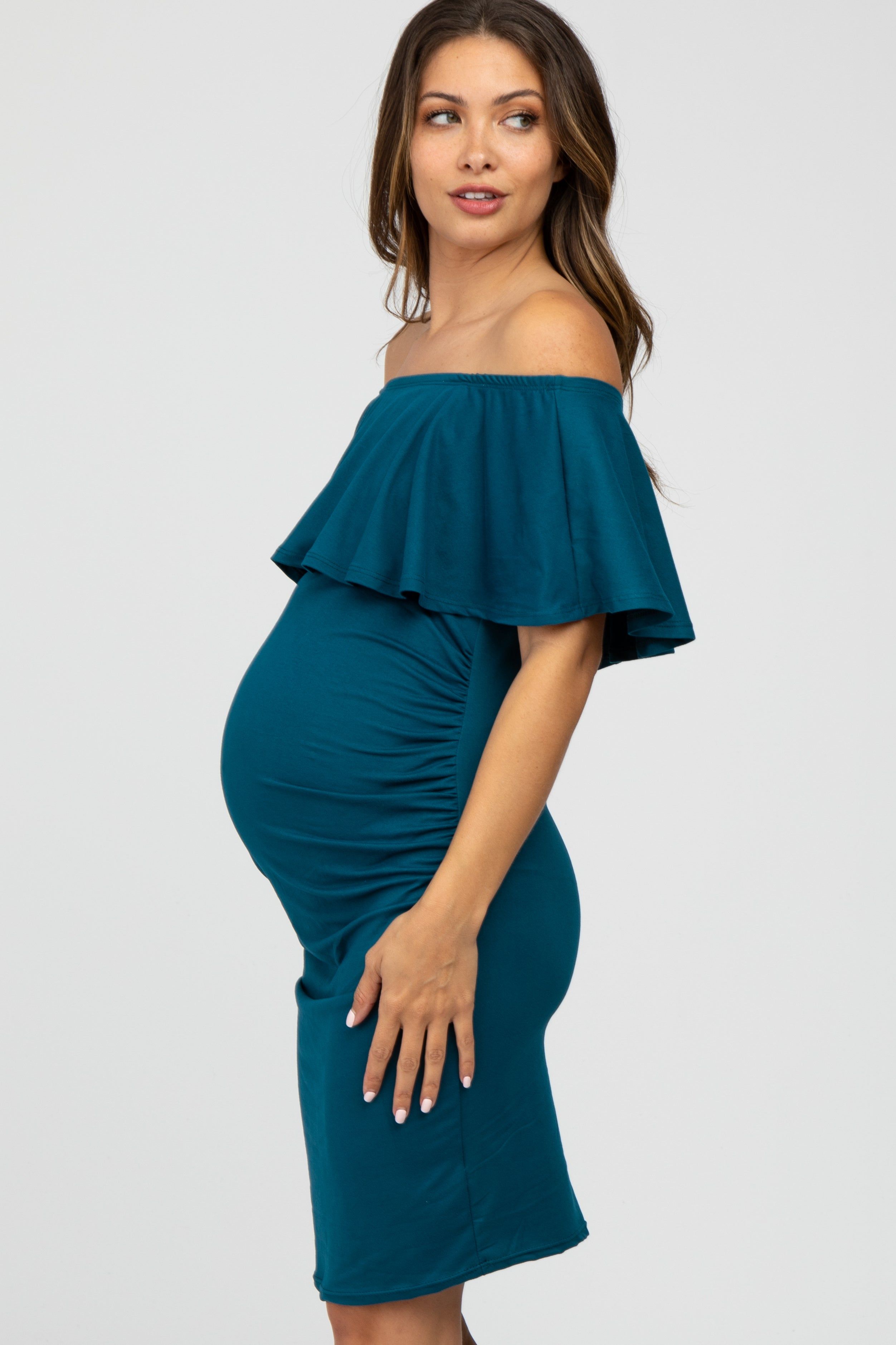 Deep Teal Off Shoulder Fitted Maternity Dress sold by Pinkblush product image thumbnail 3