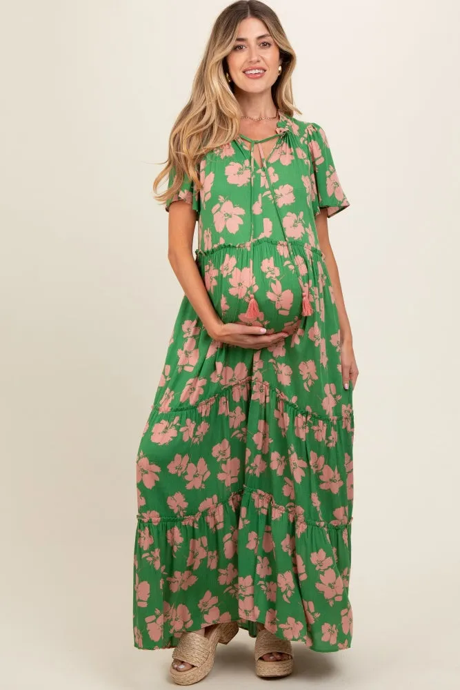 Green Floral Ruffle Neck Tiered Maternity Maxi Dress sold by Pinkblush product image thumbnail 2