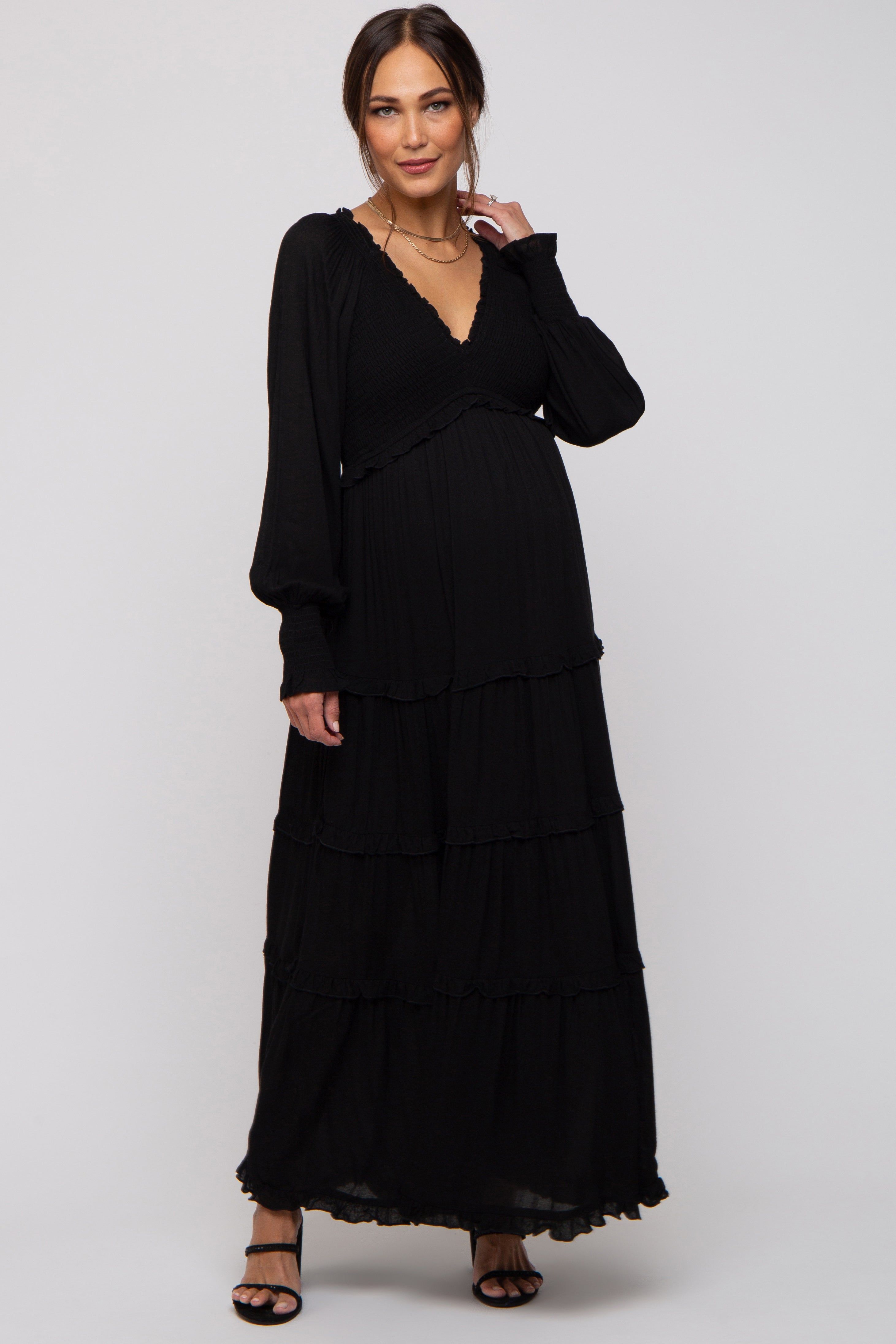 Black Smocked Ruffle Tiered Maternity Maxi Dress sold by Pinkblush product image thumbnail 4
