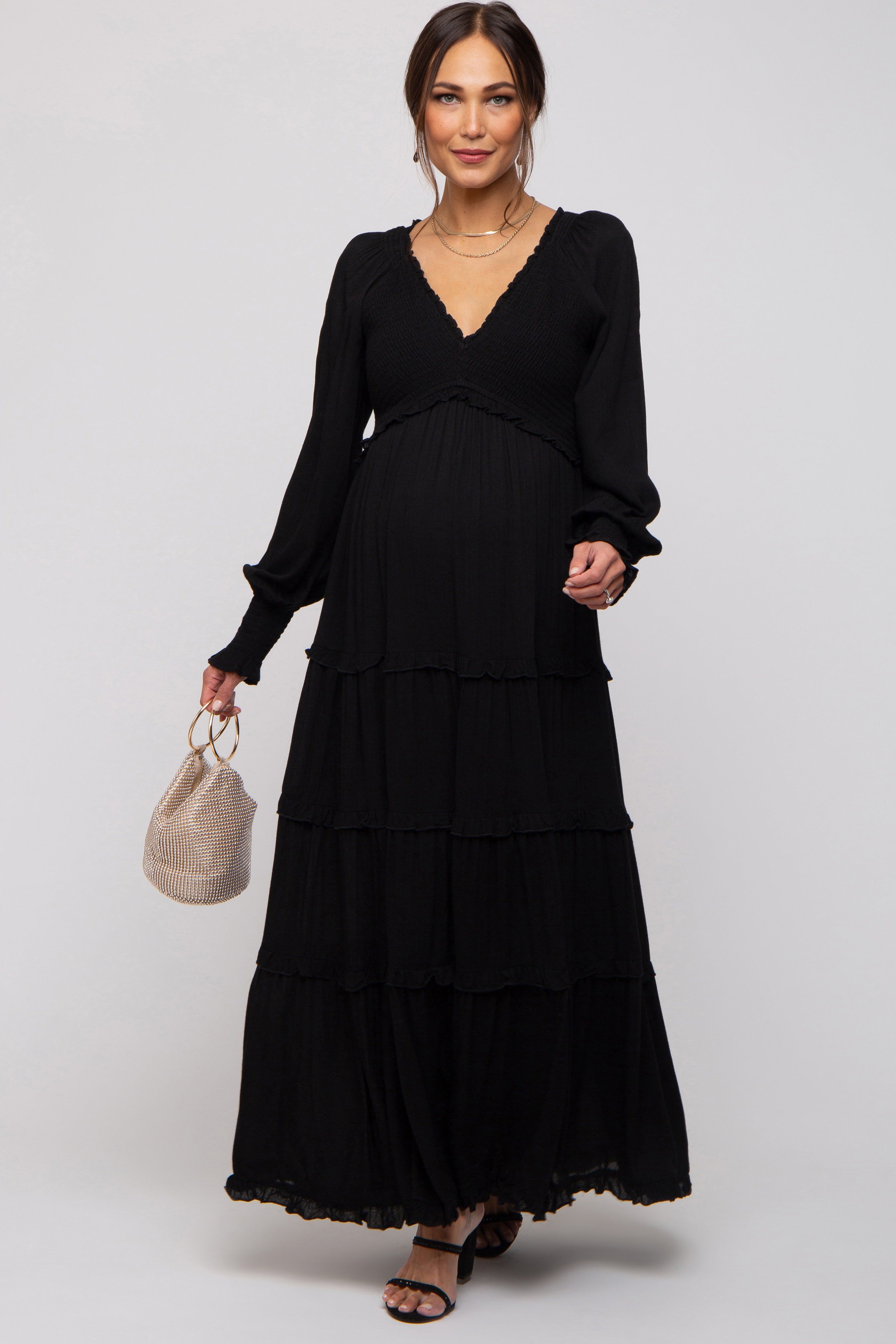 Black Smocked Ruffle Tiered Maternity Maxi Dress sold by Pinkblush