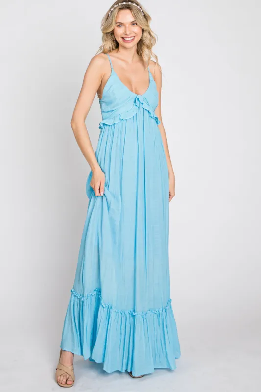 Light Blue Sleeveless Ruffle V-Neck Maxi Dress sold by Pinkblush