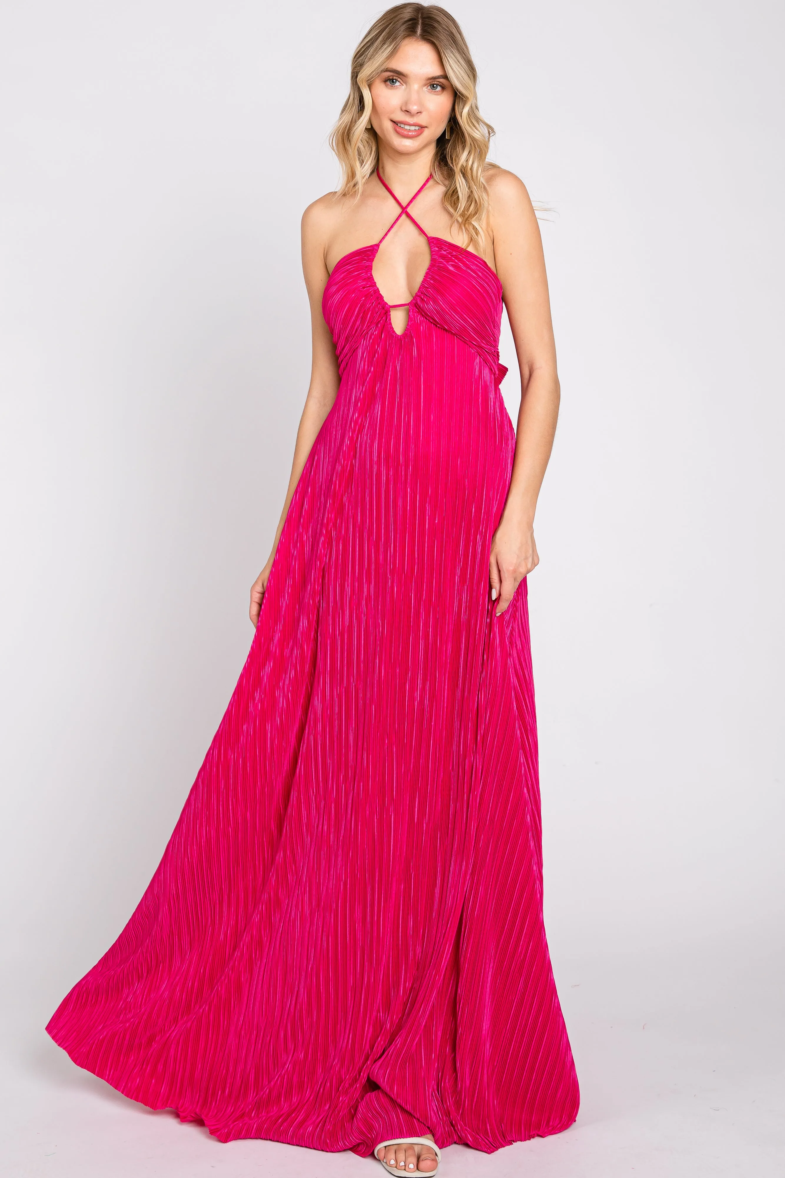 Fuchsia Plisse Halter Back Tie Maxi Dress sold by Pinkblush