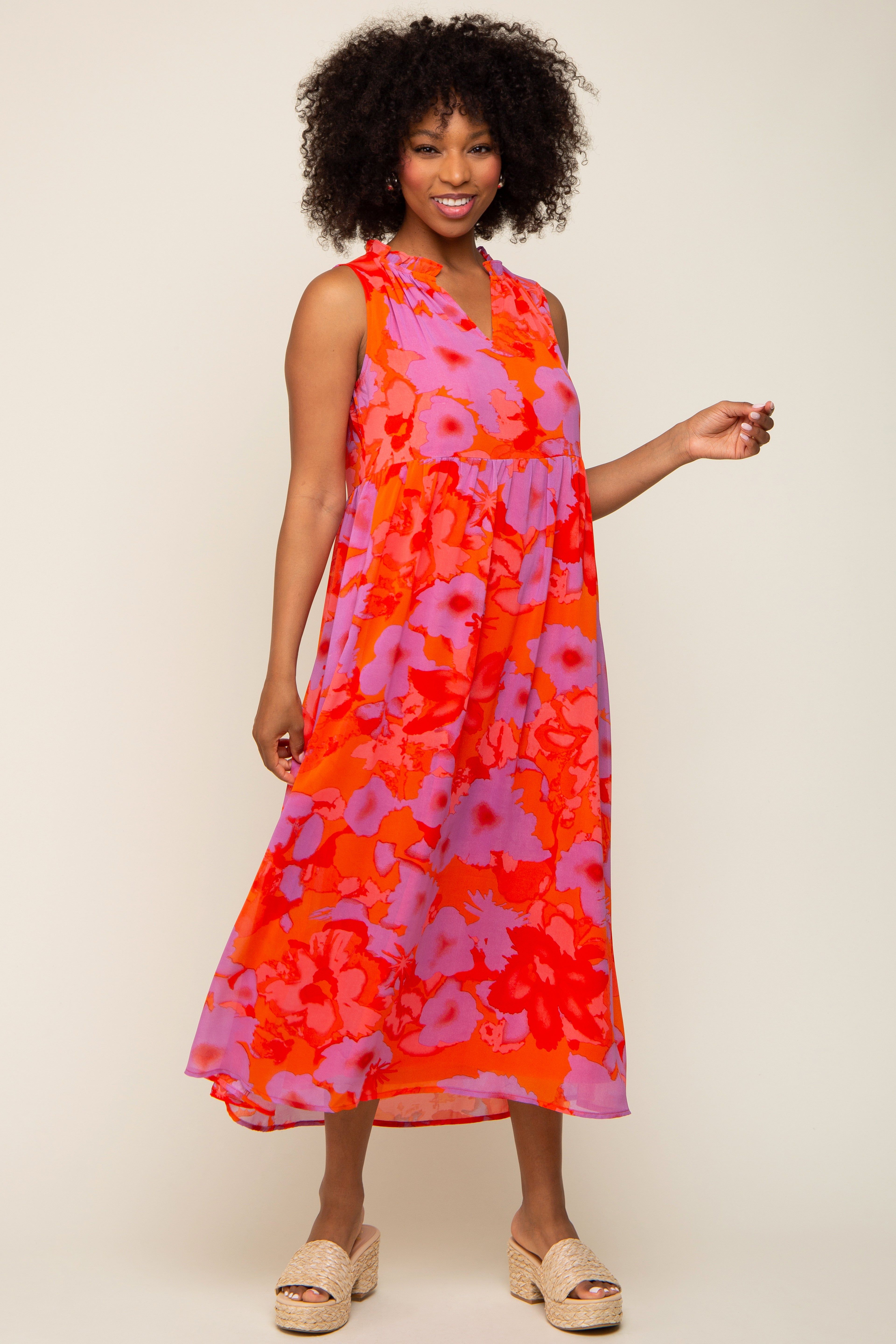 Orange Floral Split Ruffle Neck Tiered Maternity Midi Dress sold by Pinkblush product image thumbnail 5
