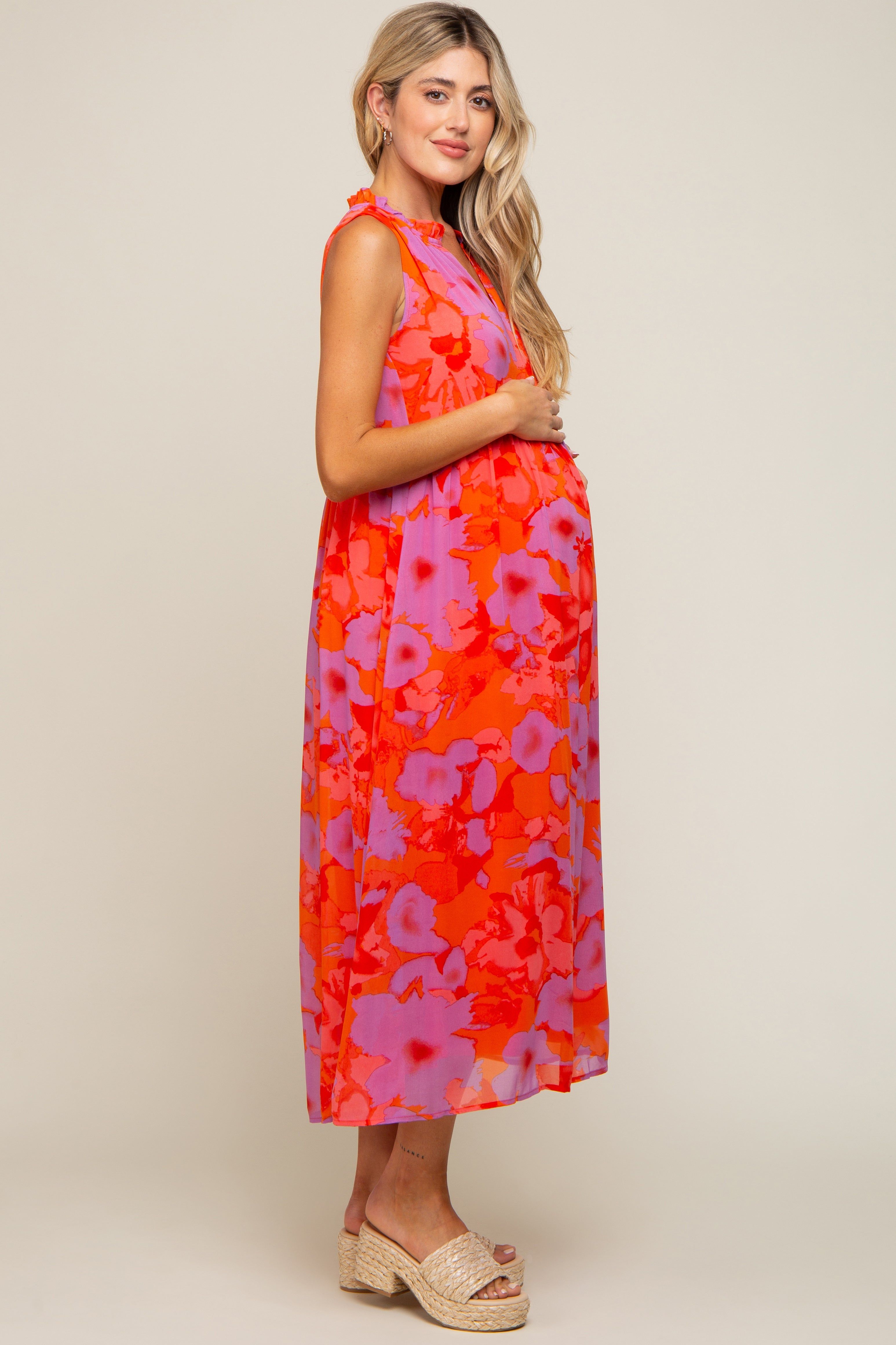 Orange Floral Split Ruffle Neck Tiered Maternity Midi Dress sold by Pinkblush product image thumbnail 2