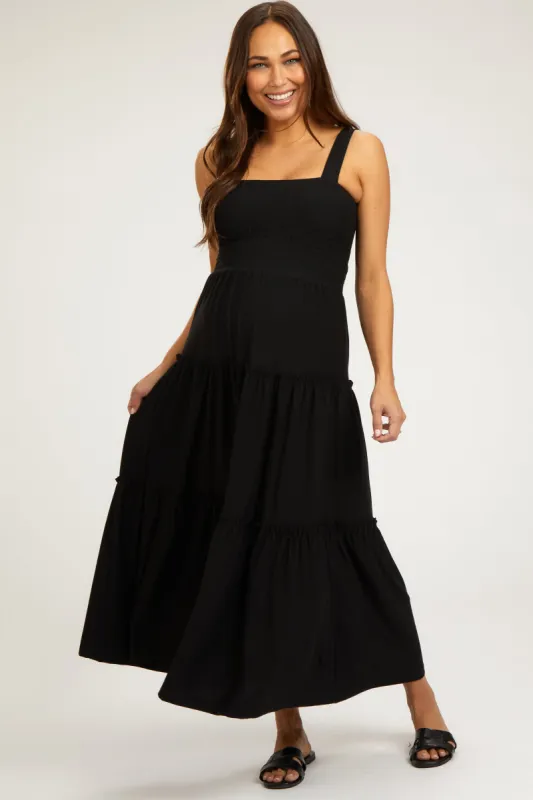 Black Sleeveless Tiered Maternity Maxi Dress sold by Pinkblush