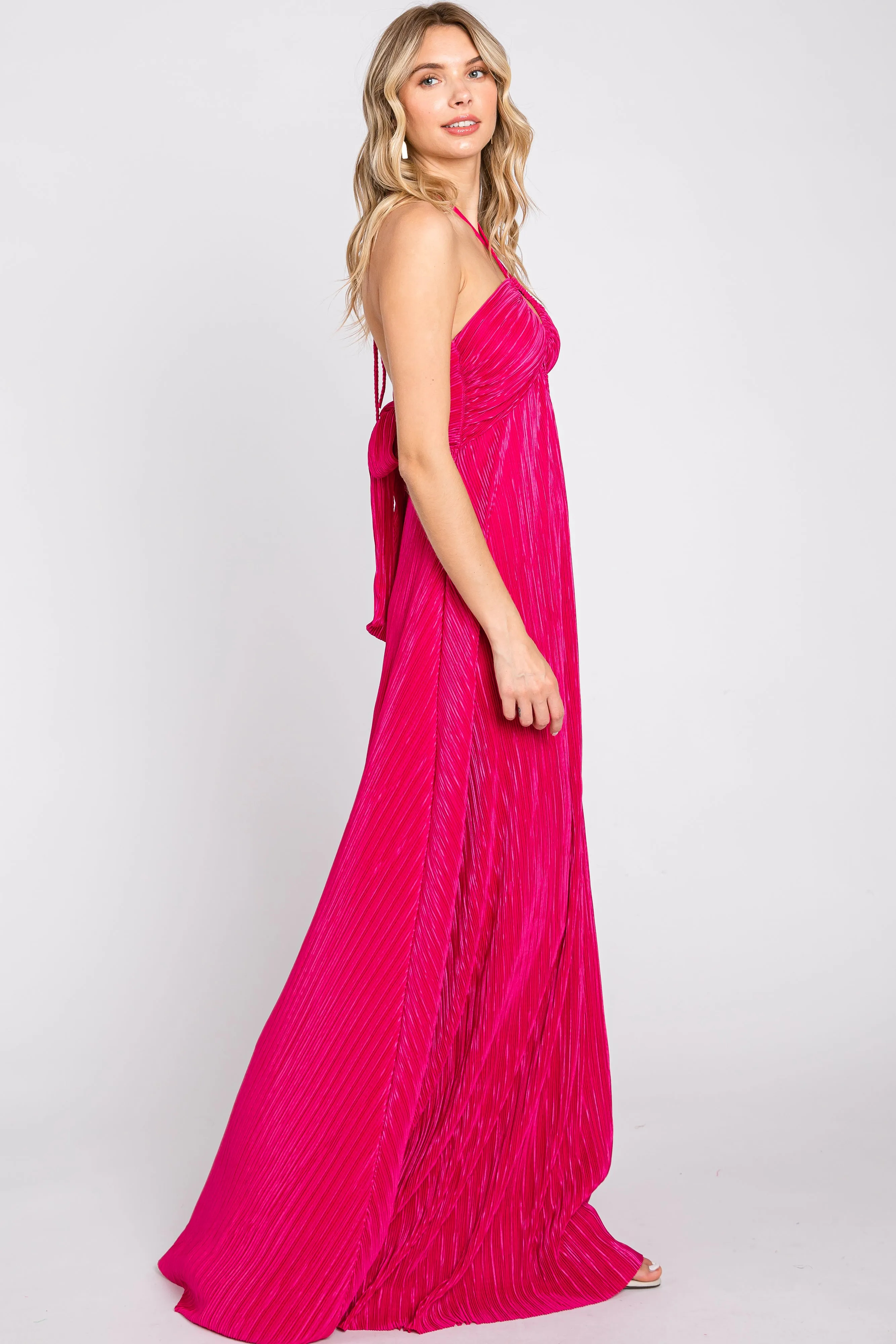 Fuchsia Plisse Halter Back Tie Maxi Dress sold by Pinkblush product image thumbnail 2