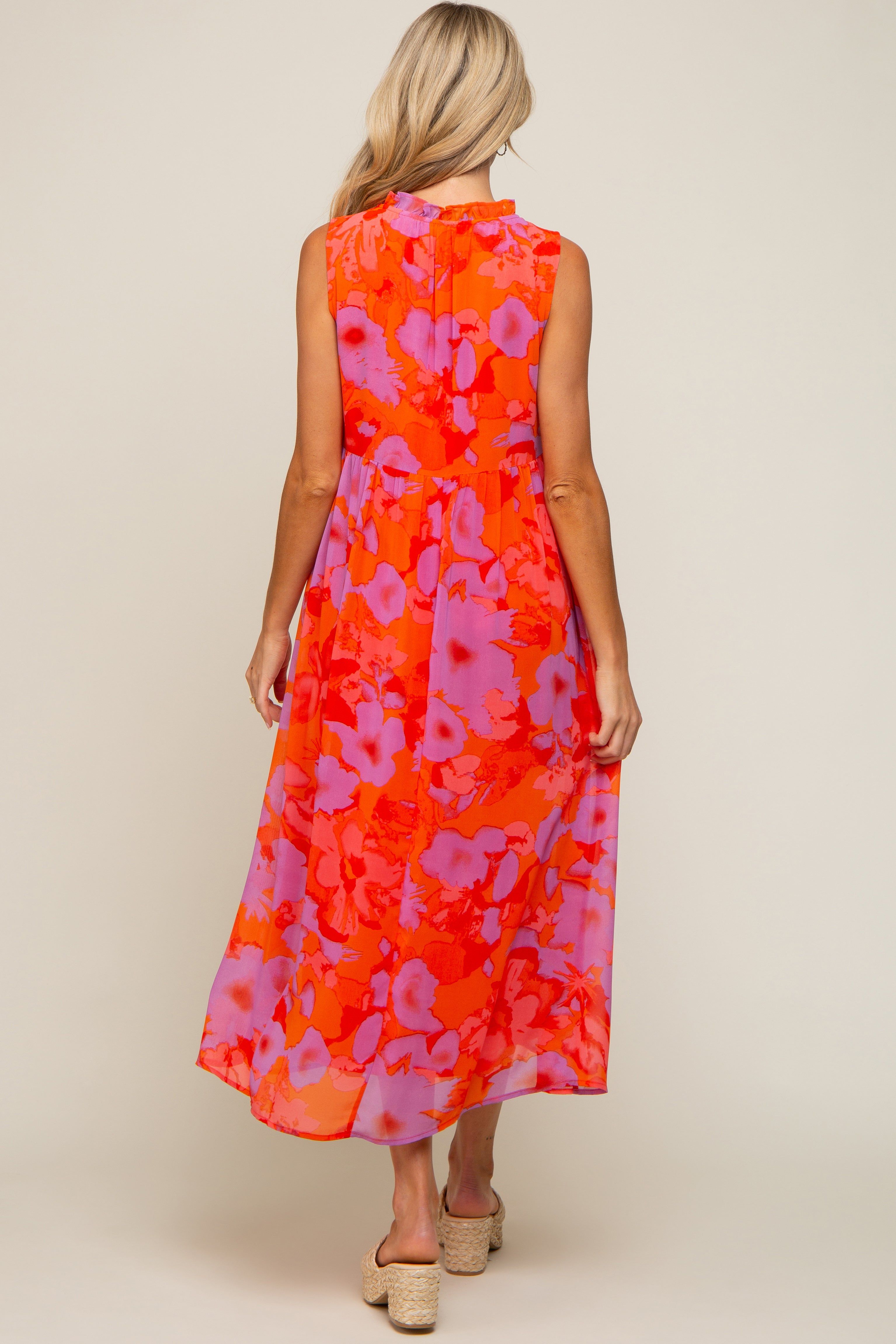 Orange Floral Split Ruffle Neck Tiered Maternity Midi Dress sold by Pinkblush product image thumbnail 3