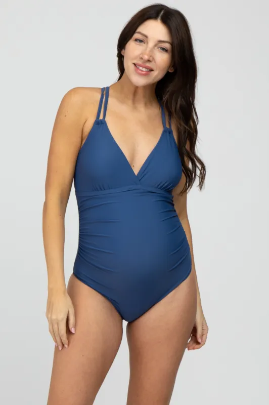 Blue Ruched Side Strappy Cross Back Maternity One Piece Swimsuit sold by Pinkblush