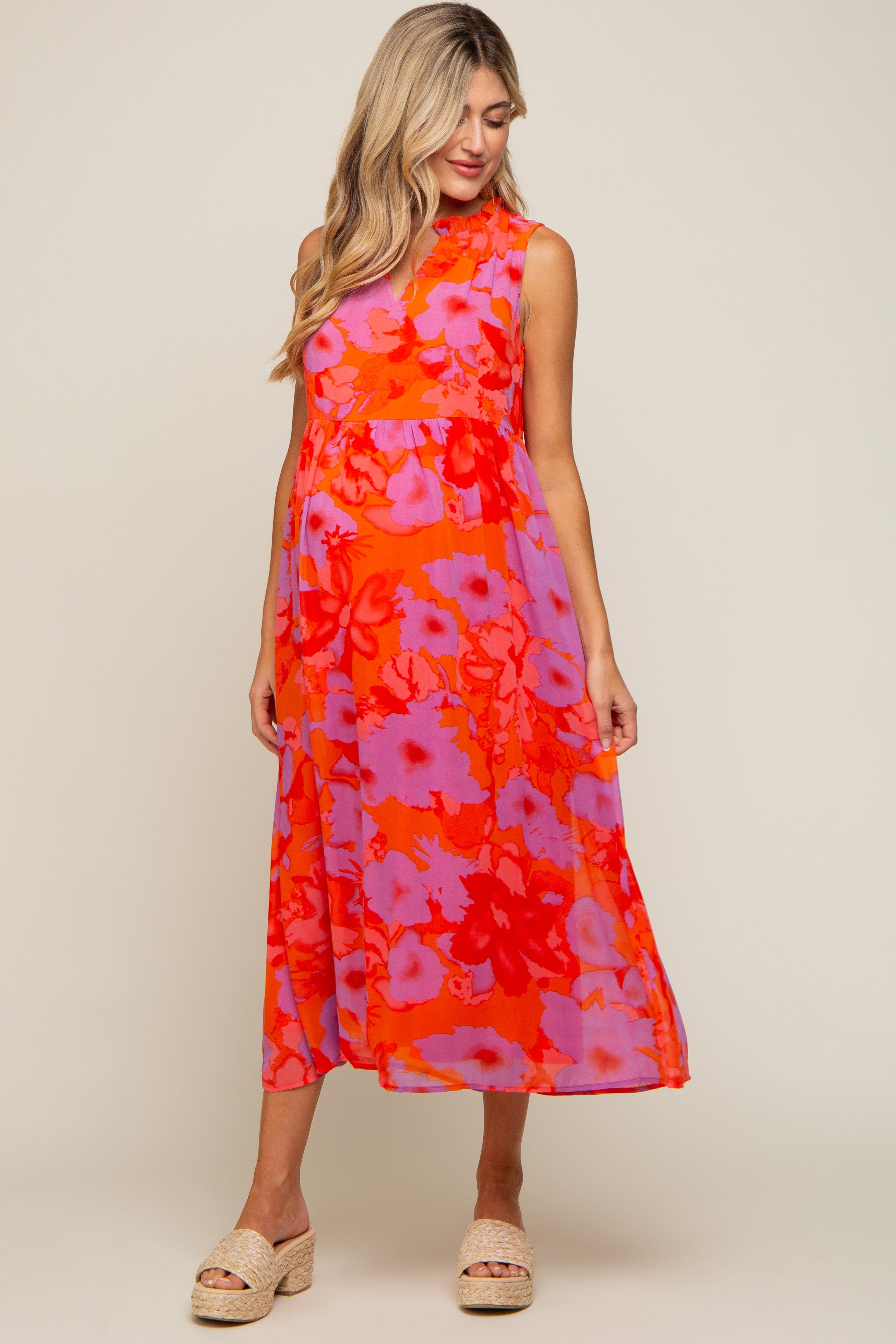 Orange Floral Split Ruffle Neck Tiered Maternity Midi Dress sold by Pinkblush product image thumbnail 4