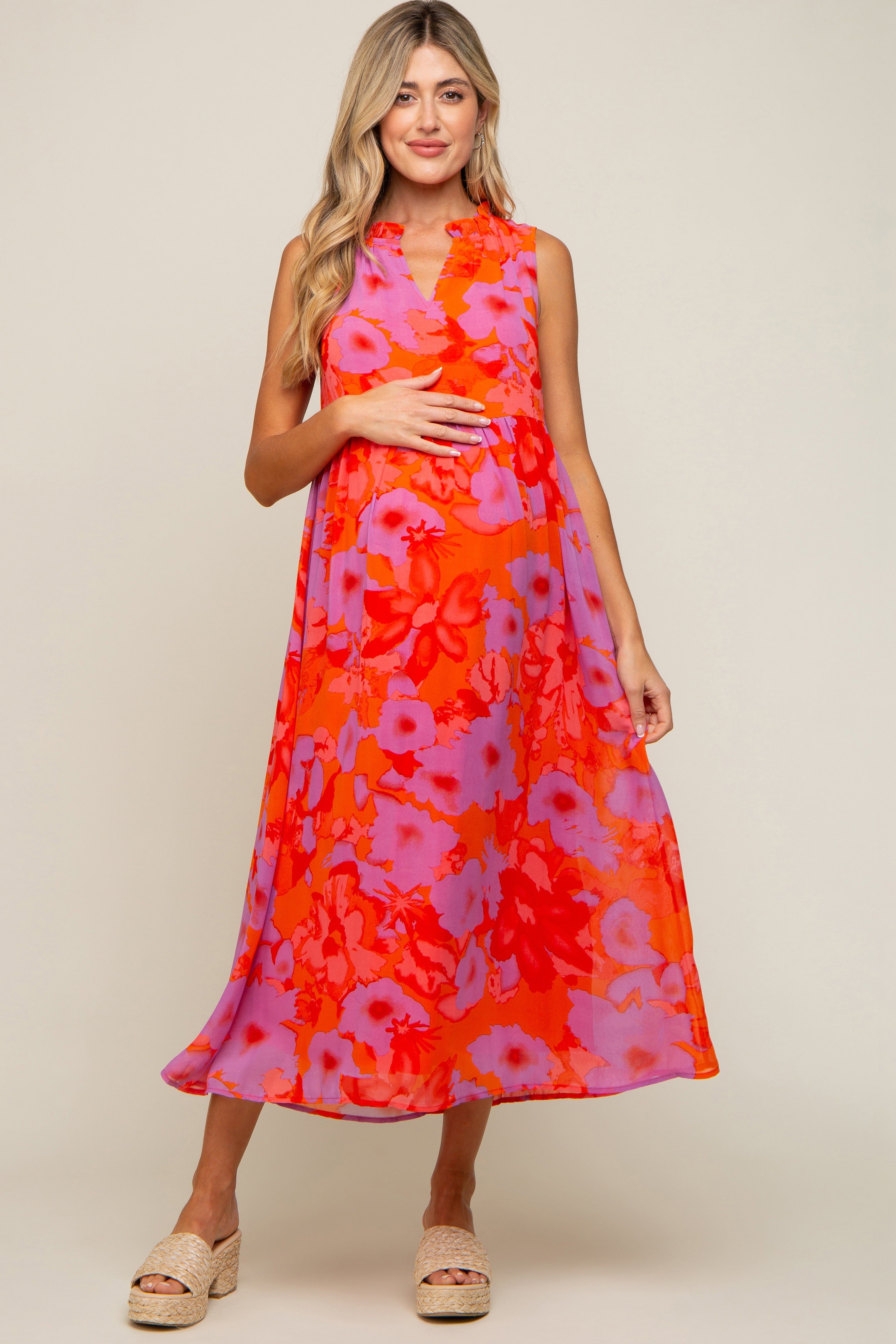 Orange Floral Split Ruffle Neck Tiered Maternity Midi Dress sold by Pinkblush
