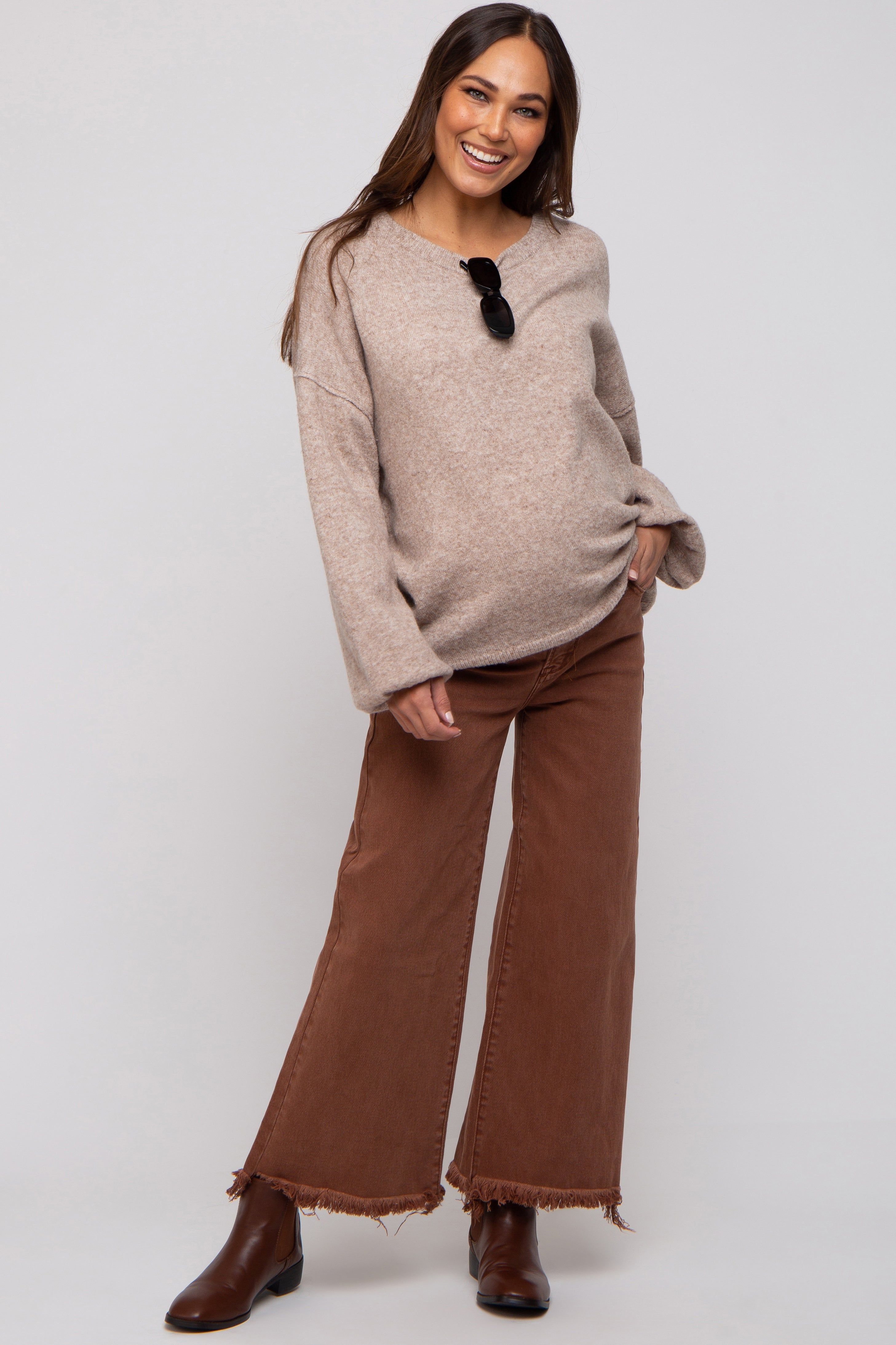 Brown Cropped Wide Leg Maternity Pants sold by Pinkblush product image thumbnail 2