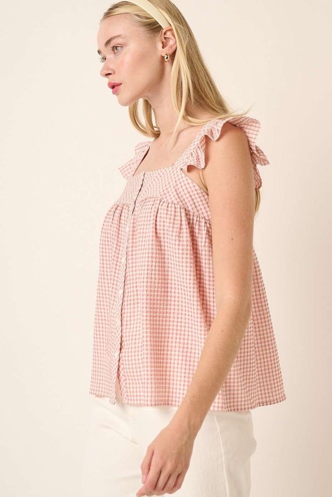 Dusty Mauve Gingham Button Front Ruffle Detail Blouse sold by Pinkblush product image thumbnail 2