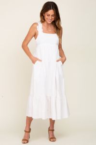 White Ruffle Accent Back Tie Midi Dress sold by Pinkblush