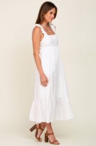 White Ruffle Accent Back Tie Midi Dress sold by Pinkblush