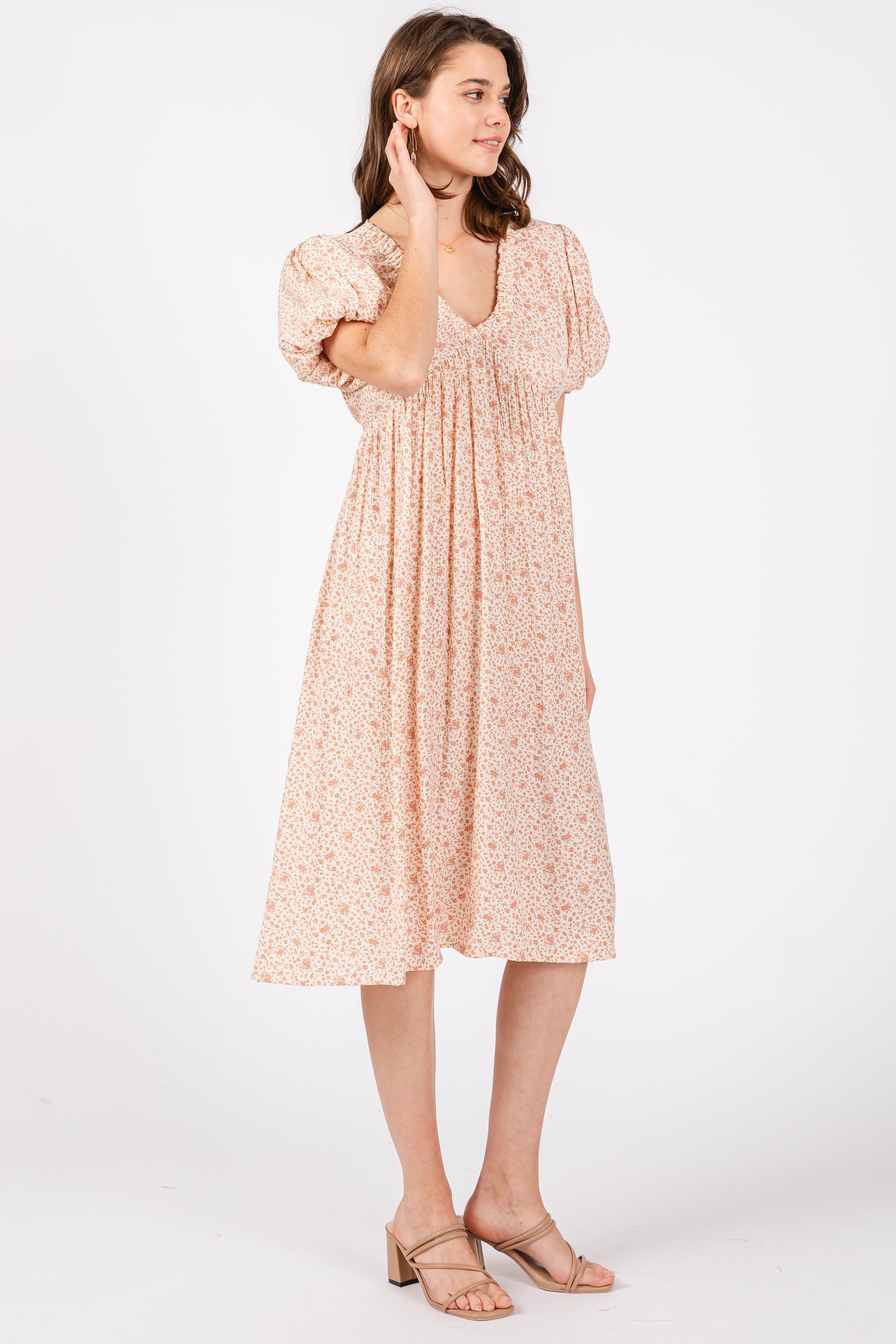 Peach Floral Puff Sleeve Midi Dress sold by Pinkblush product image thumbnail 2
