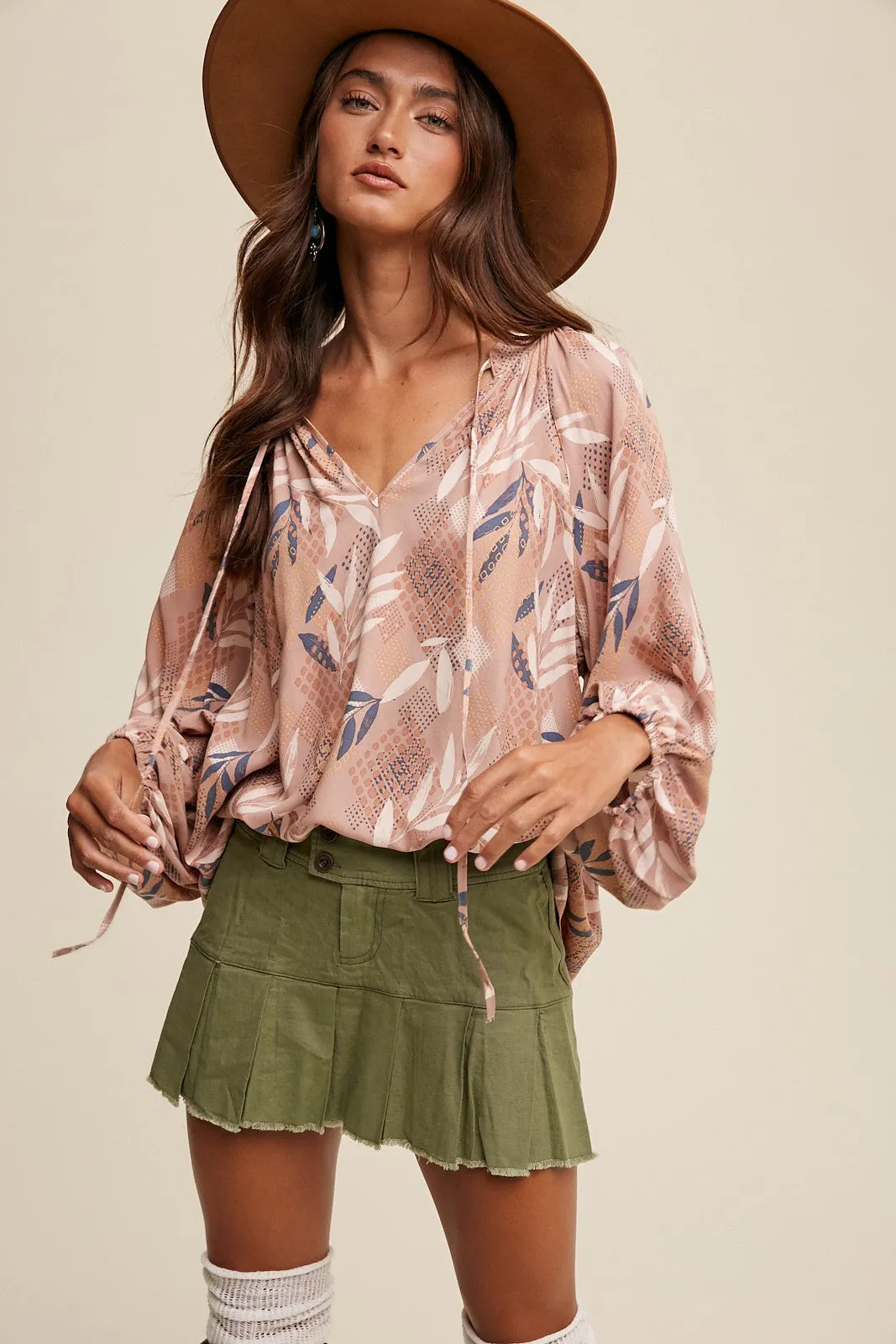 Mocha V-Neck Long Puff Sleeve Top sold by Pinkblush