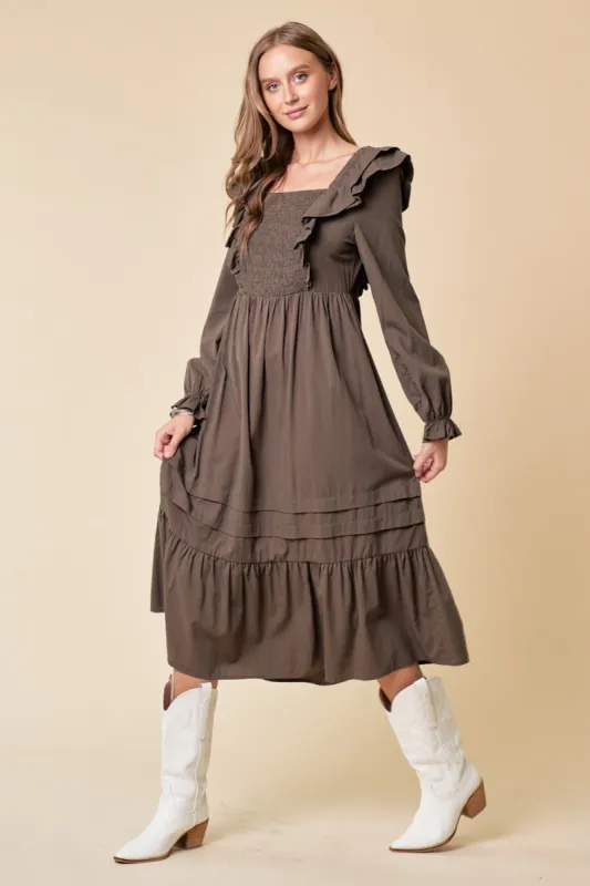 Olive Tiered Midi Dress With Smocking sold by Pinkblush