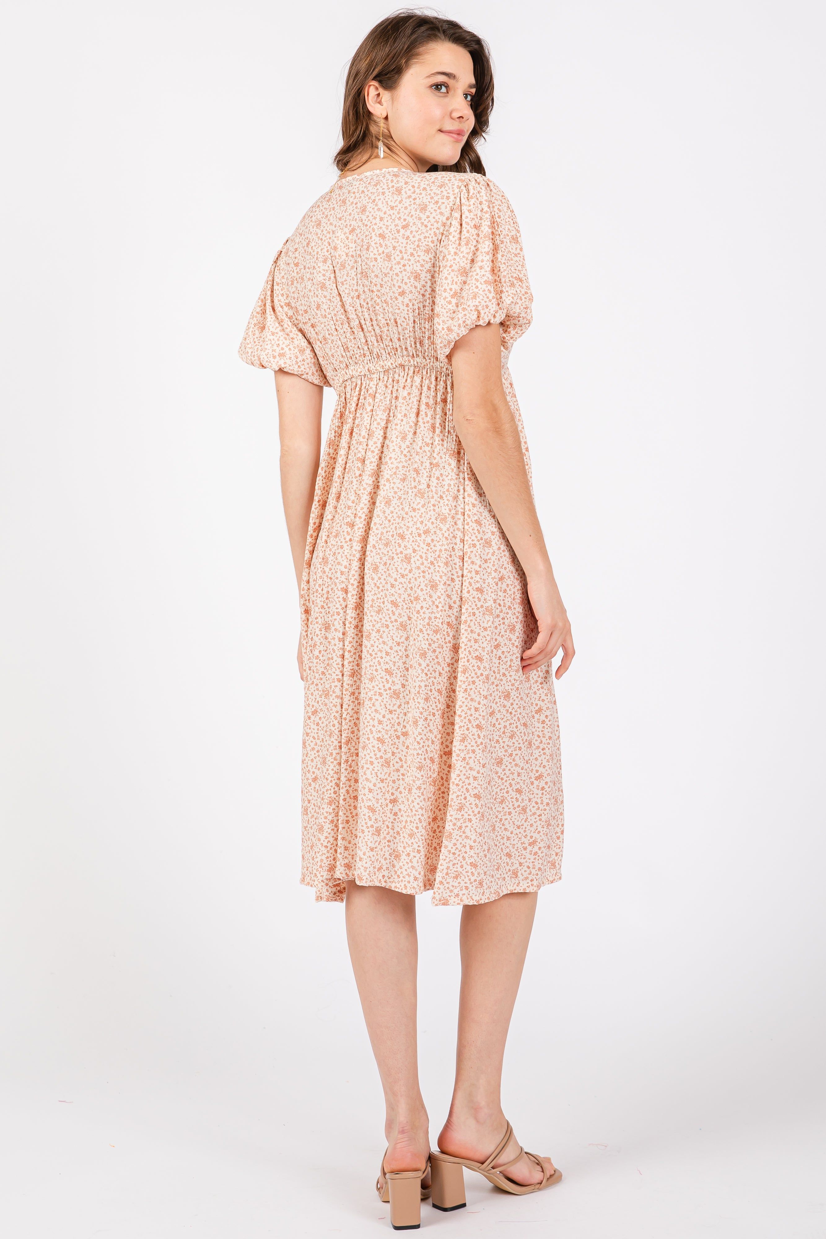 Peach Floral Puff Sleeve Midi Dress sold by Pinkblush product image thumbnail 3