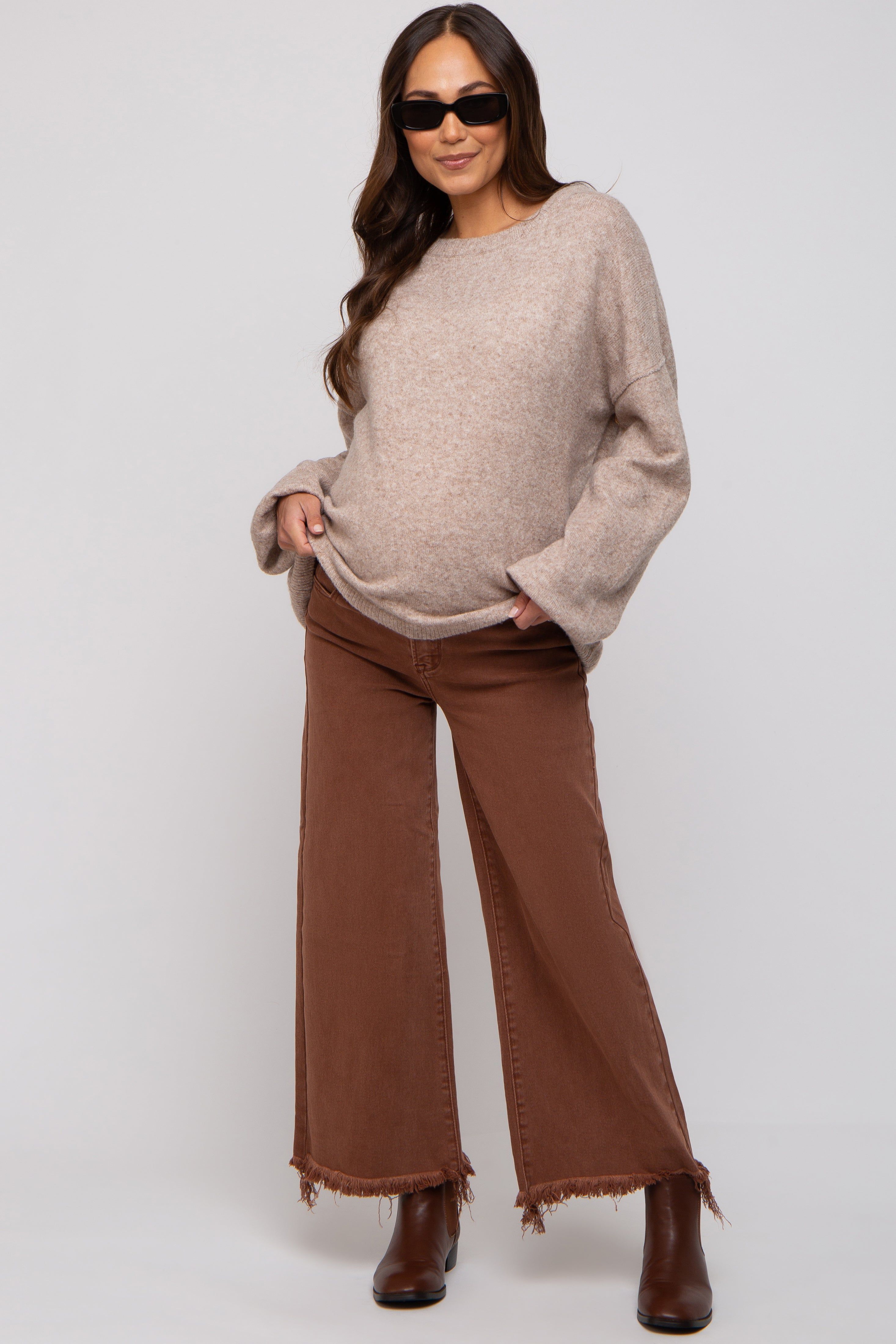 Brown Cropped Wide Leg Maternity Pants sold by Pinkblush