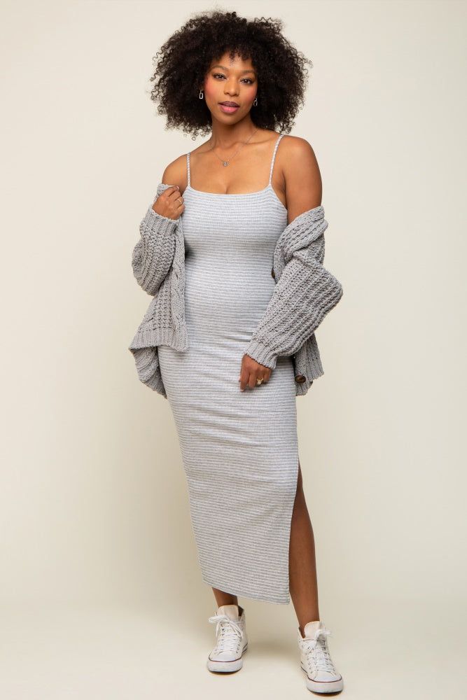 Grey Striped Sleeveless Fitted Maternity Maxi Dress sold by Pinkblush product image thumbnail 5