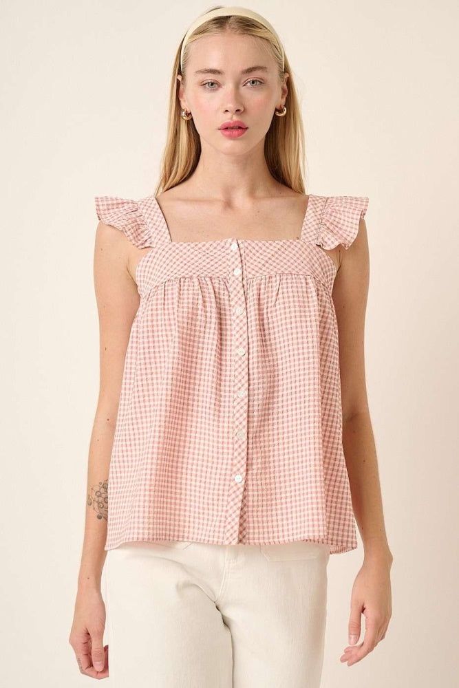 Dusty Mauve Gingham Button Front Ruffle Detail Blouse sold by Pinkblush