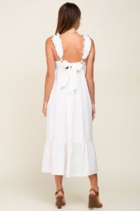White Ruffle Accent Back Tie Midi Dress sold by Pinkblush