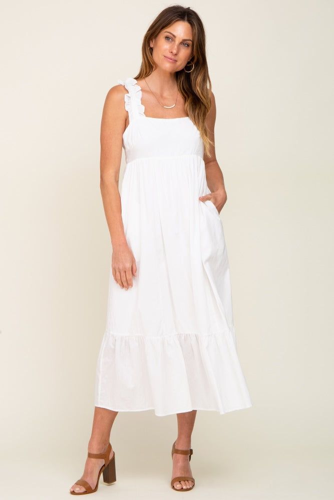 White Ruffle Accent Back Tie Midi Dress sold by Pinkblush