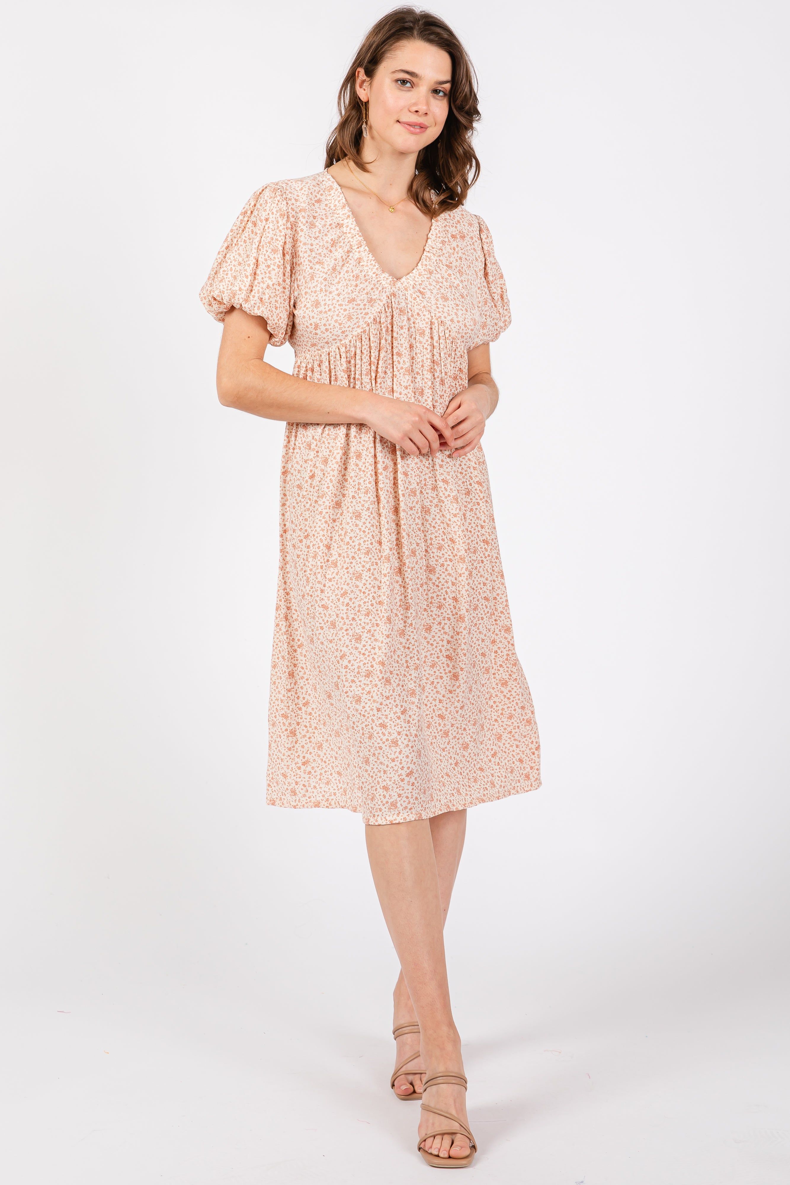 Peach Floral Puff Sleeve Midi Dress sold by Pinkblush