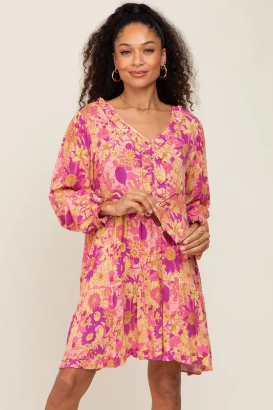 Pink Floral Button Front Ruffle Accent Dress sold by Pinkblush