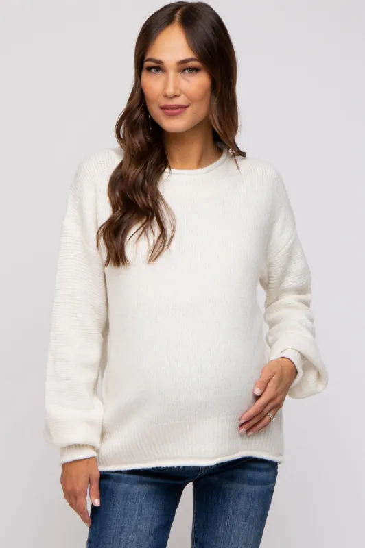 Cream Soft Knit Rolled Hem Maternity Sweater sold by Pinkblush