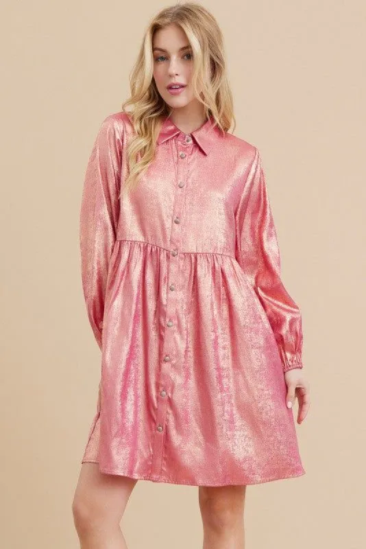 Hot Pink Metallic Button-Up Baby Doll Dress sold by Pinkblush