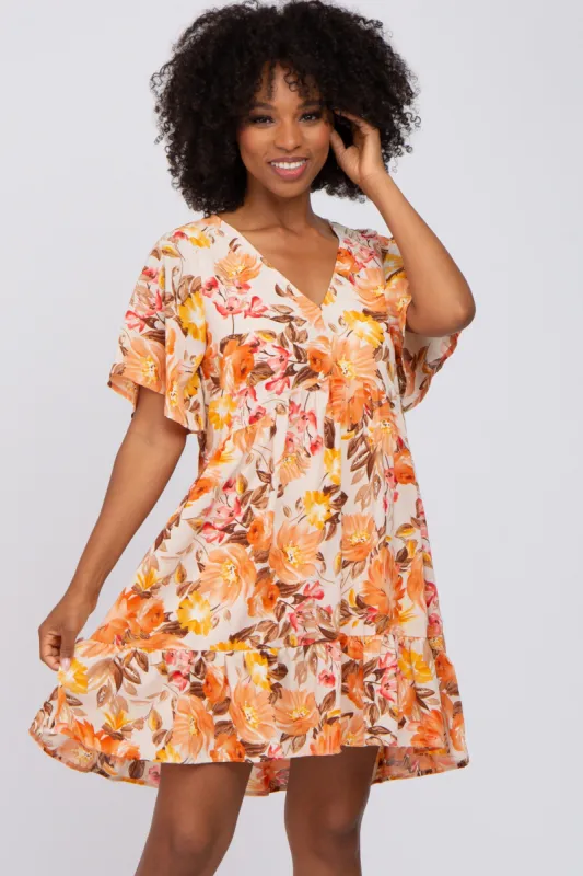 Beige Floral V-Neck Ruffle Hem Dress sold by Pinkblush