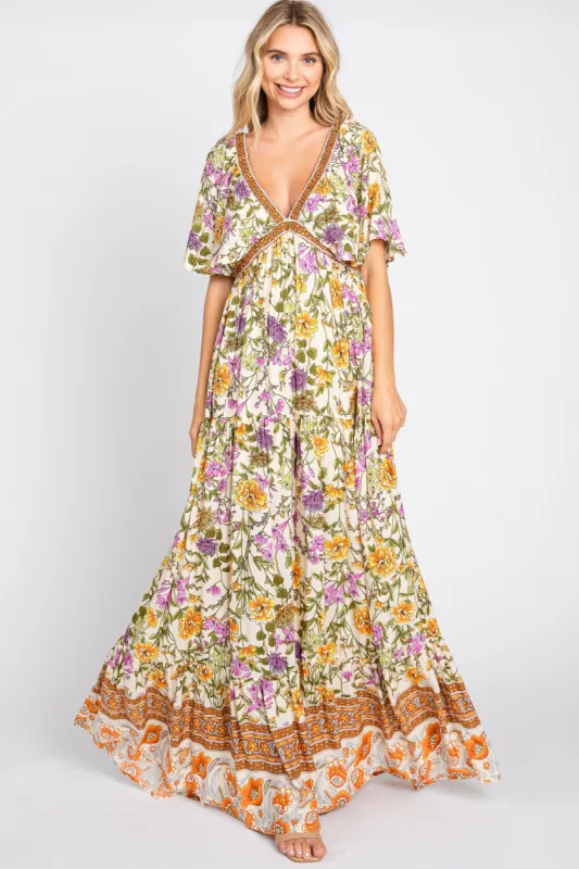 Cream Floral V-Neck Maxi Dress sold by Pinkblush